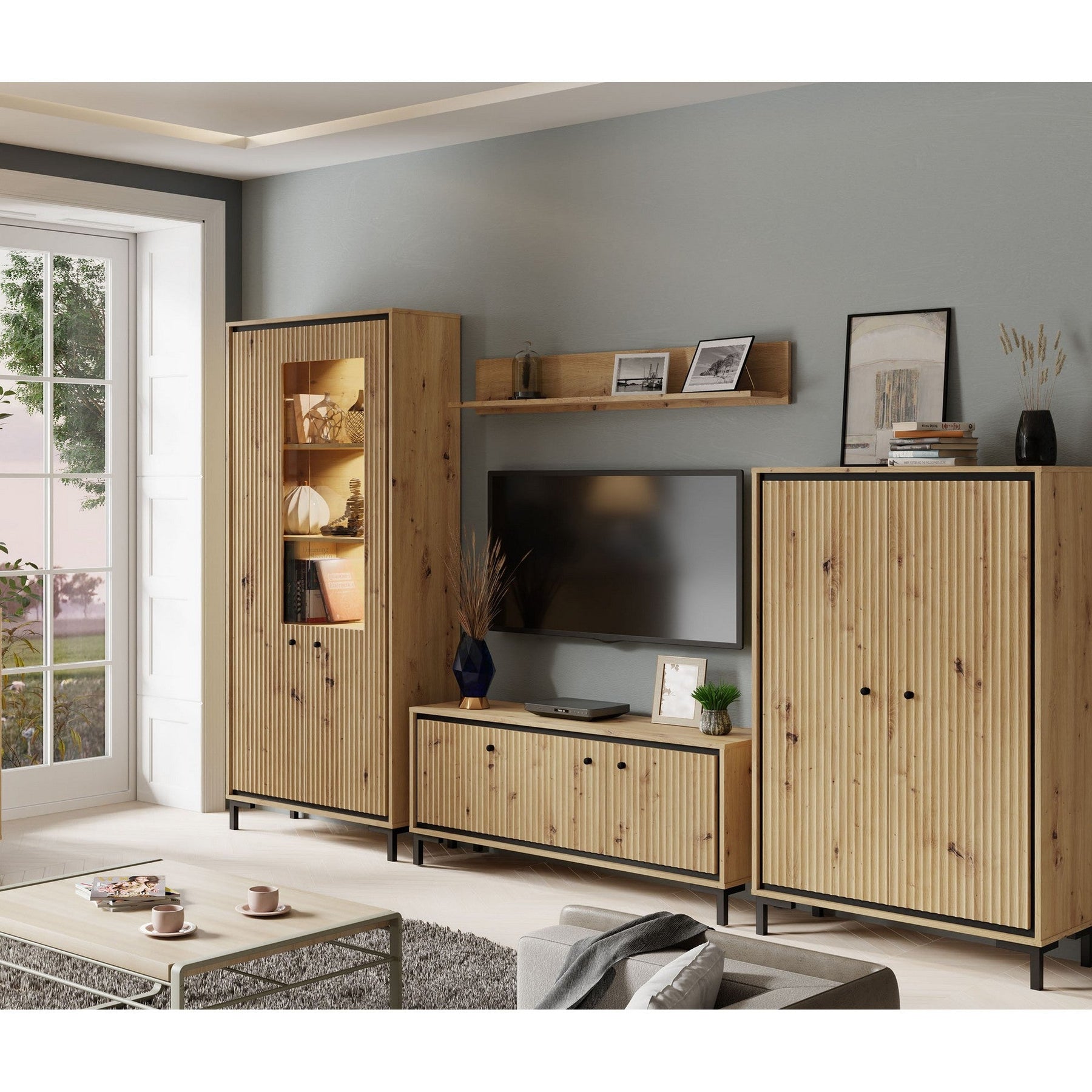 Set living PARII A, stejar artisan, PAL/sticla, cu iluminare LED, 308 cm