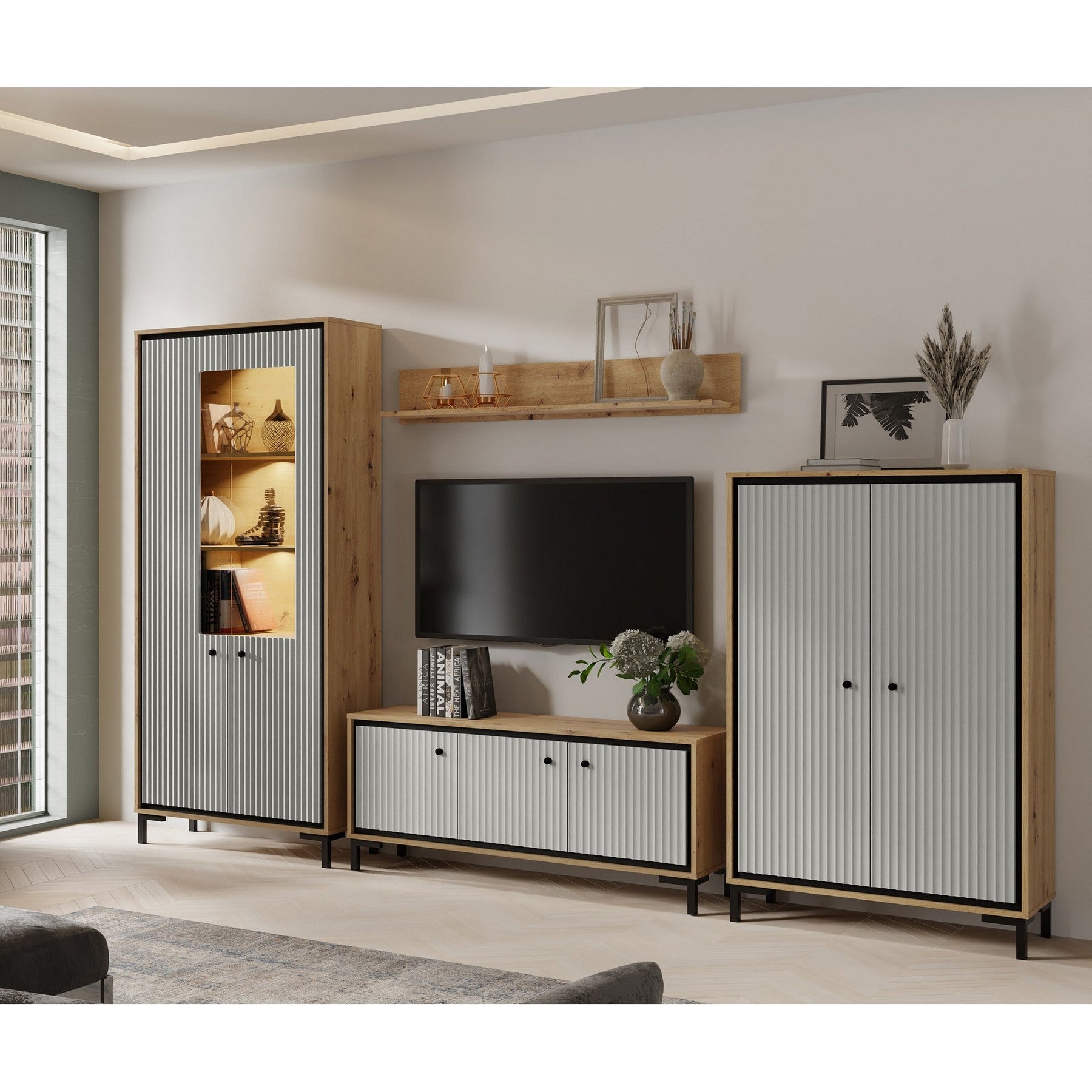 Set living PARII A, stejar artisan/gri, PAL/sticla, cu iluminare LED, 308 cm