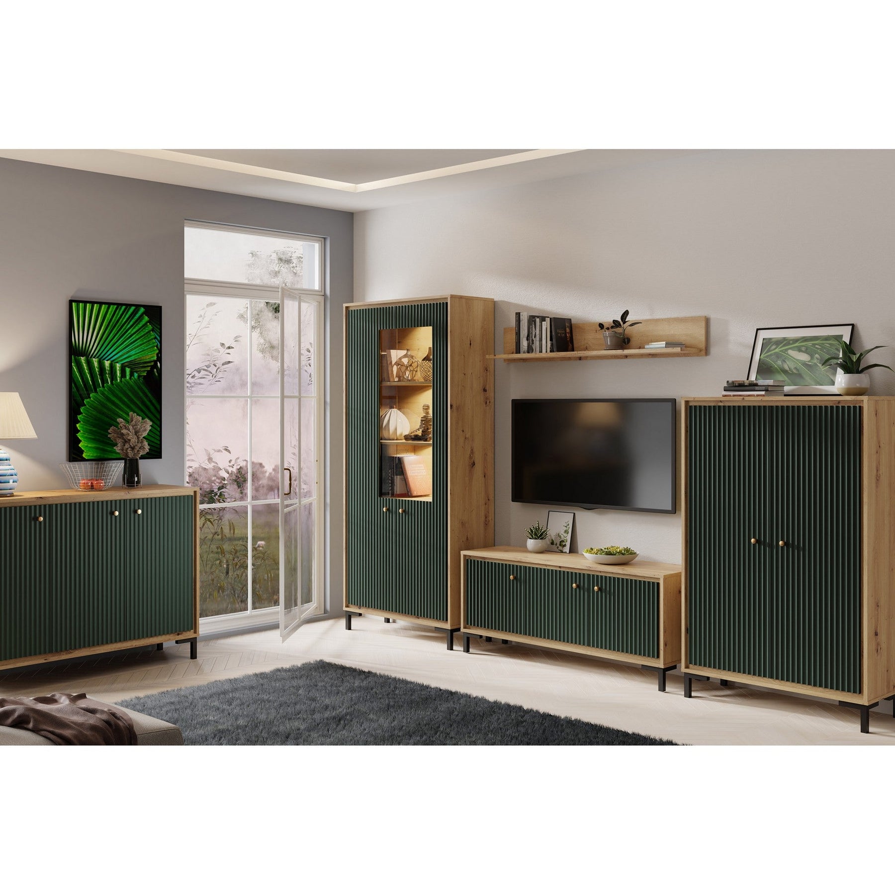 Vitrina PARII PA02, stejar artisan/verde, PAL laminat/sticla, cu iluminare LED, 89x37x196 cm