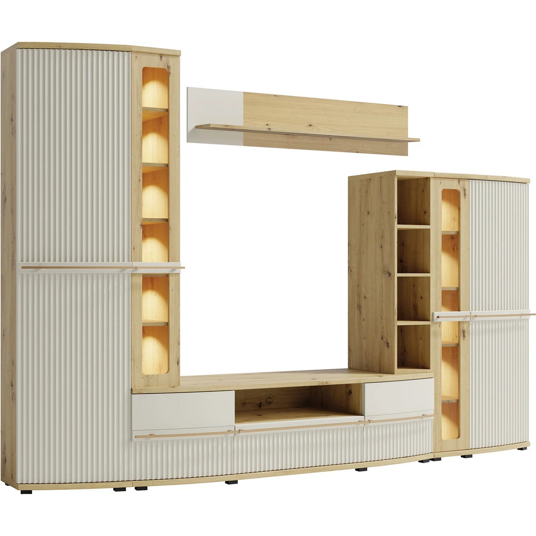 Set living CANDY1 A, stejar artisan/casmir, PAL/sticla, cu iluminare LED, 299 cm