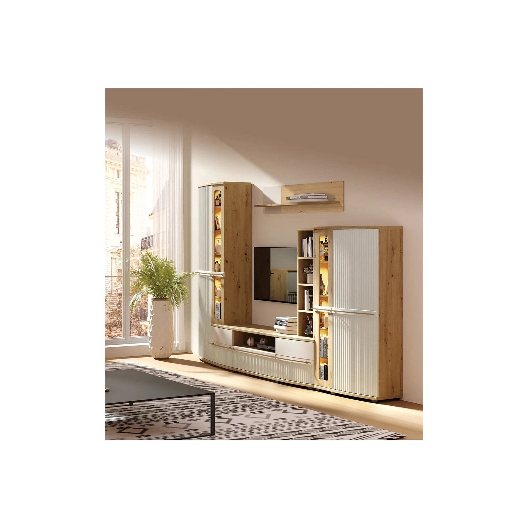 Set living CANDY1 A, stejar artisan/casmir, PAL/sticla, cu iluminare LED, 299 cm