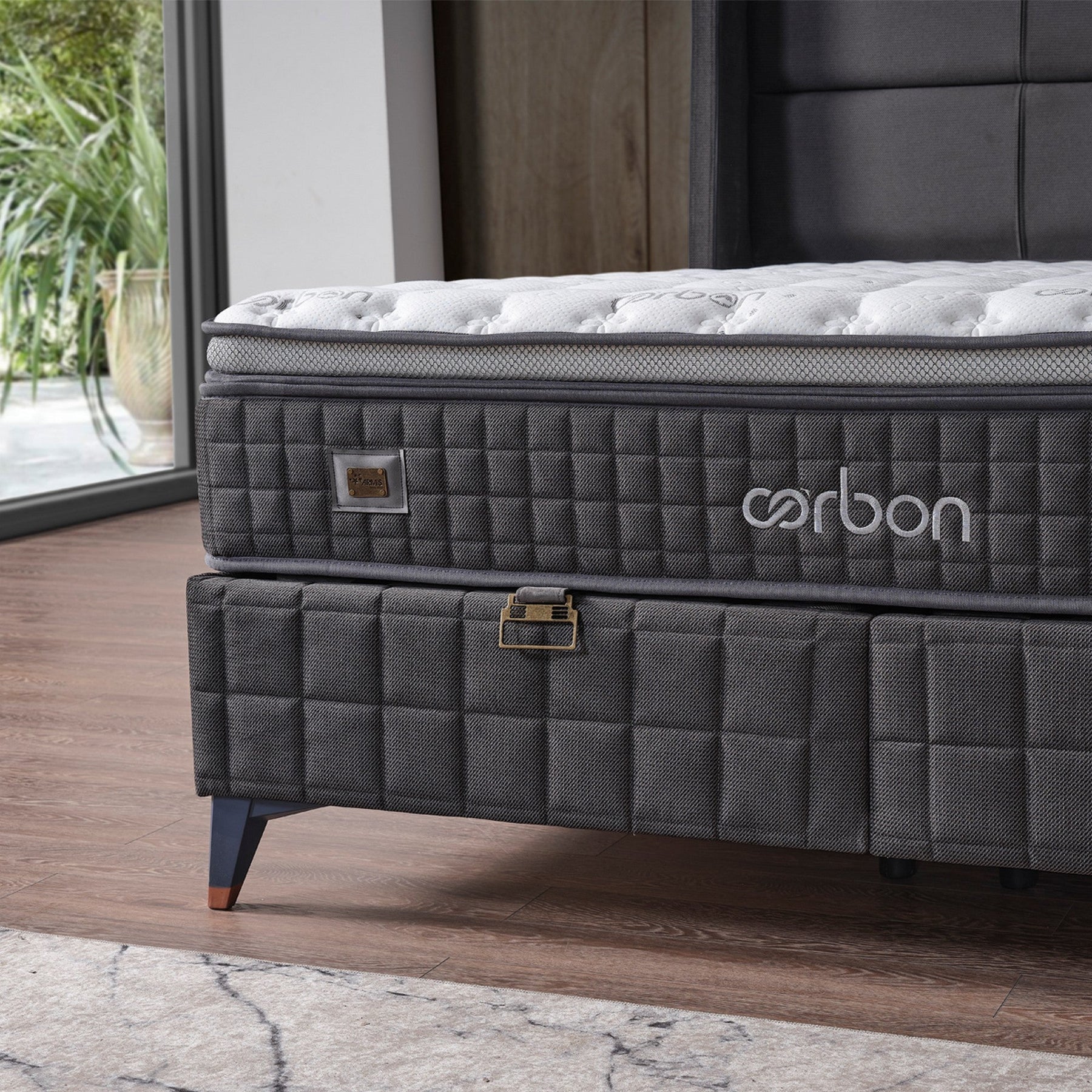 Pat CARBON 200x200, stofa clasica gri inchis, cu somiera si spatiu depozitare