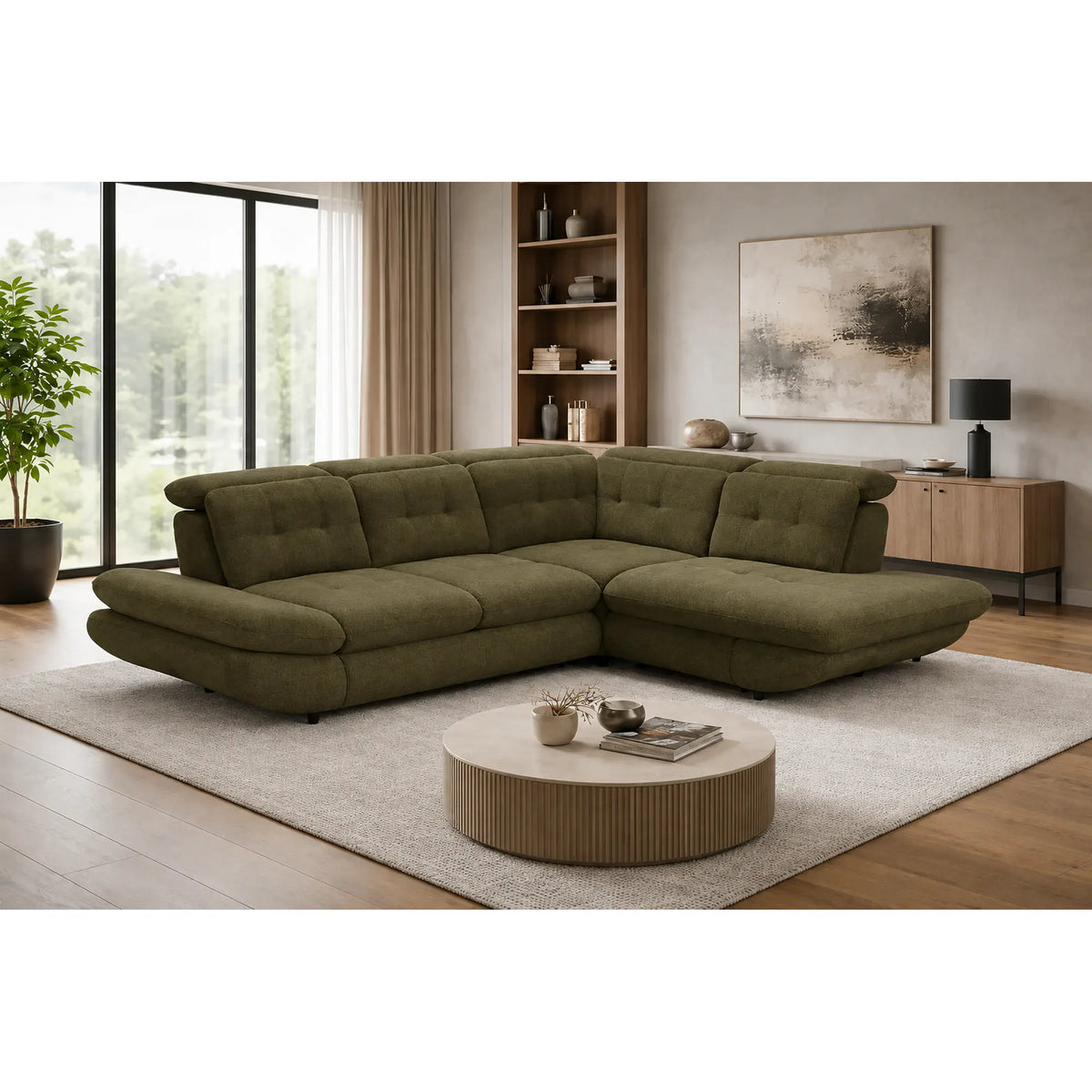 Coltar living SIENA MIC, sezlong dreapta, stofa catifelata verde olive - Monolith ML38, 295x234x100 cm