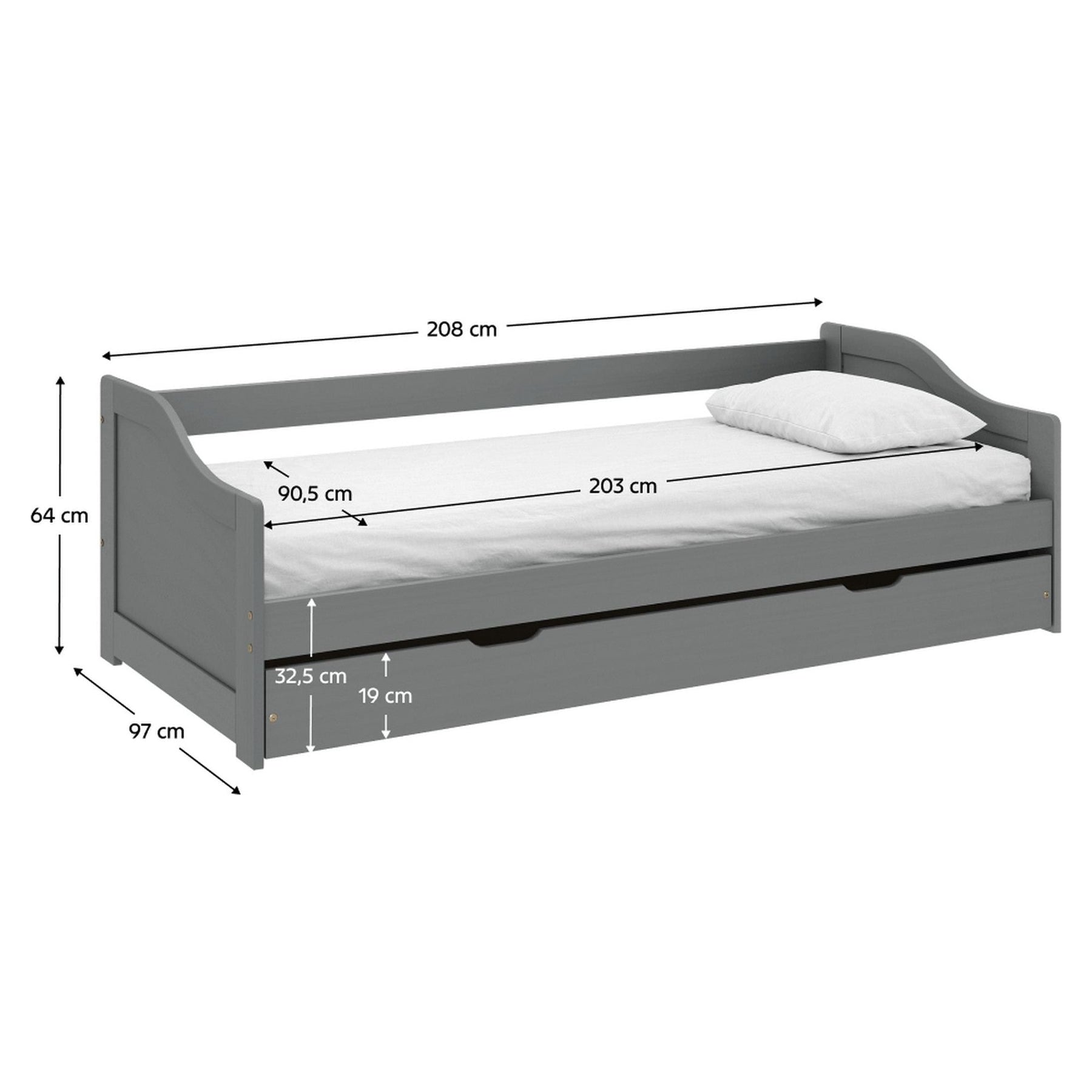 Pat cu un pat suplimentar LAURA NEW, gri, lemn, 90x200 cm