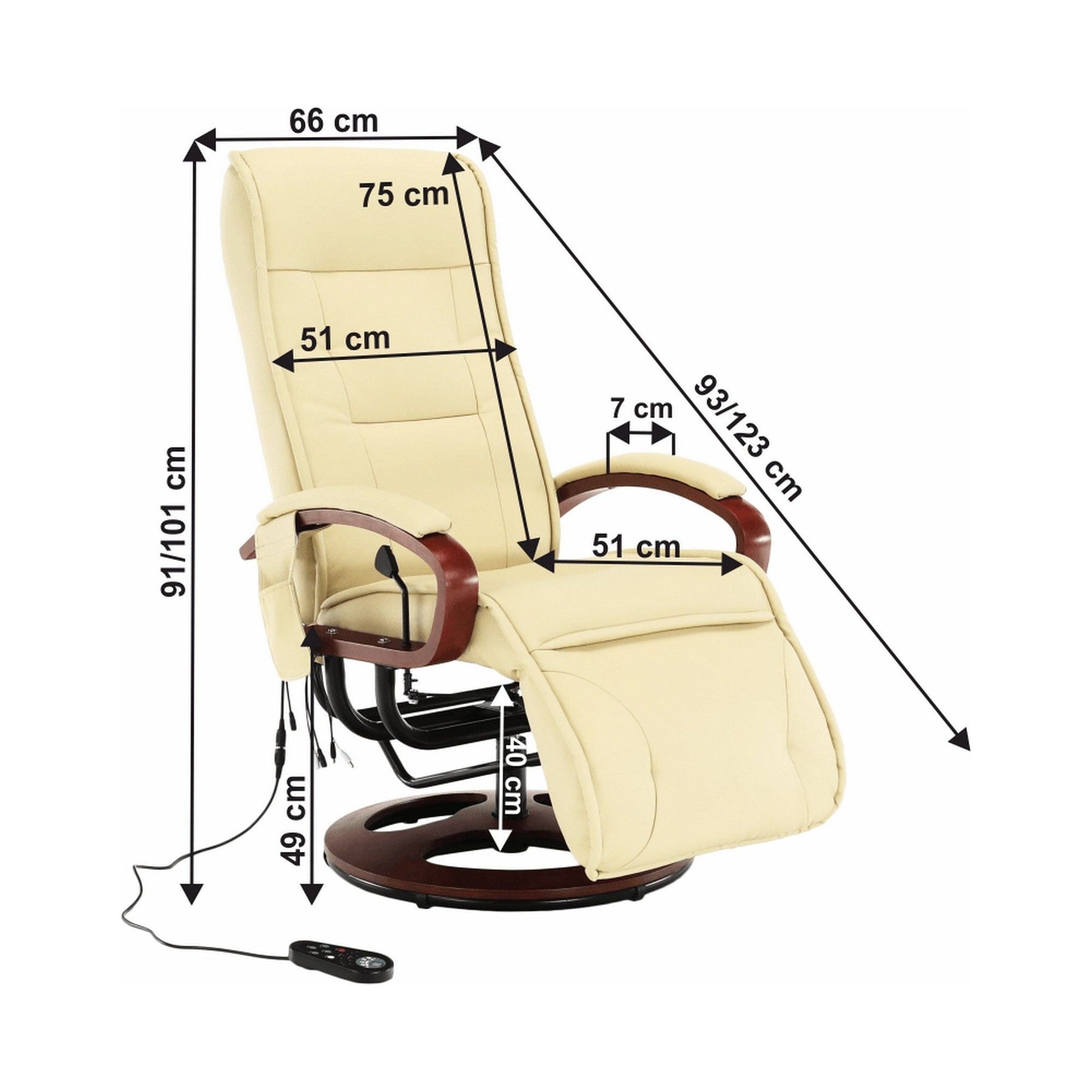 Fotoliu ARTUS 2, piele ecologica/lemn, bej/cires, functie masaj, 66x93x110 cm