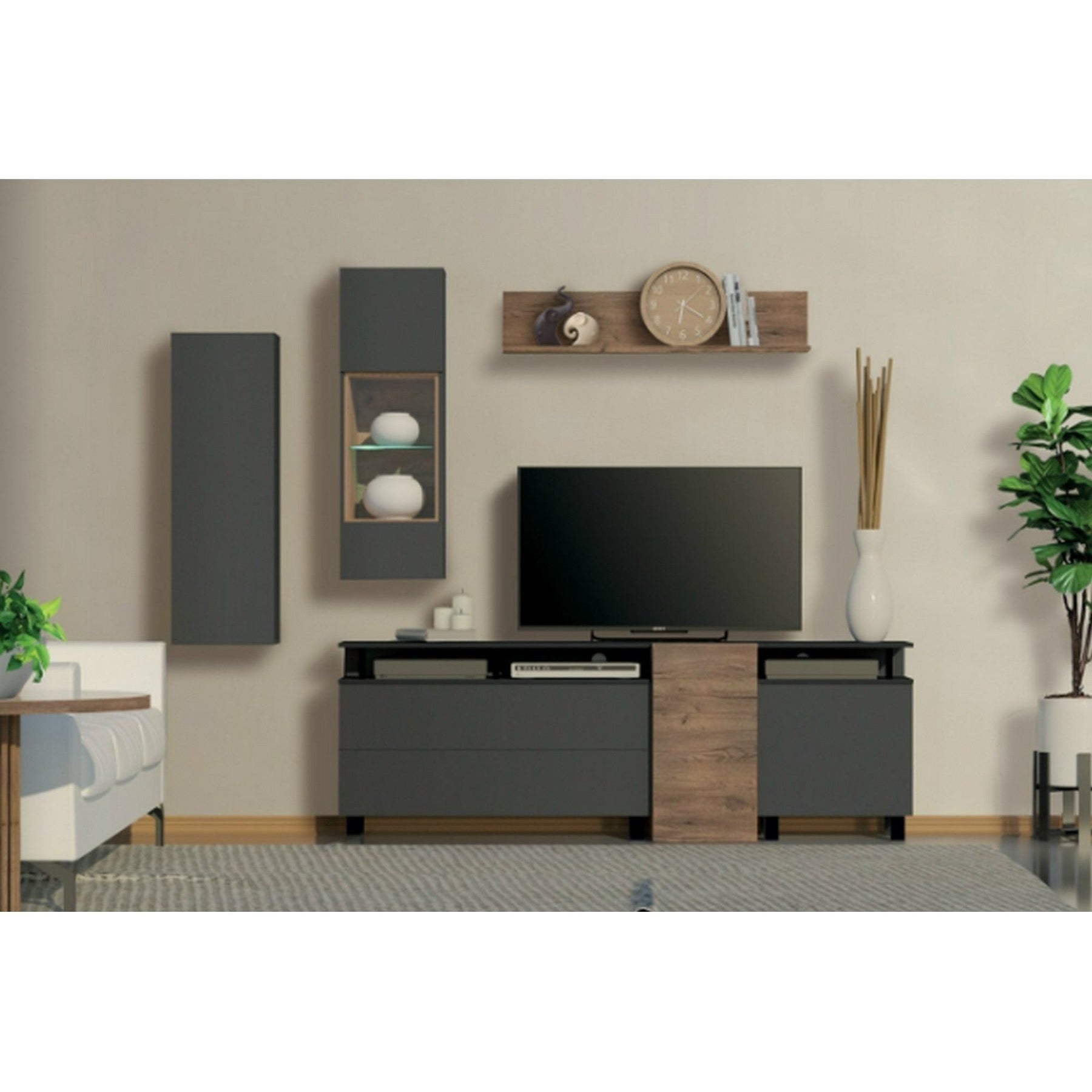 Mobilier living ARS, gri antracit/stejar craft, PAL/sticla, 4 piese, 222x46x200 cm