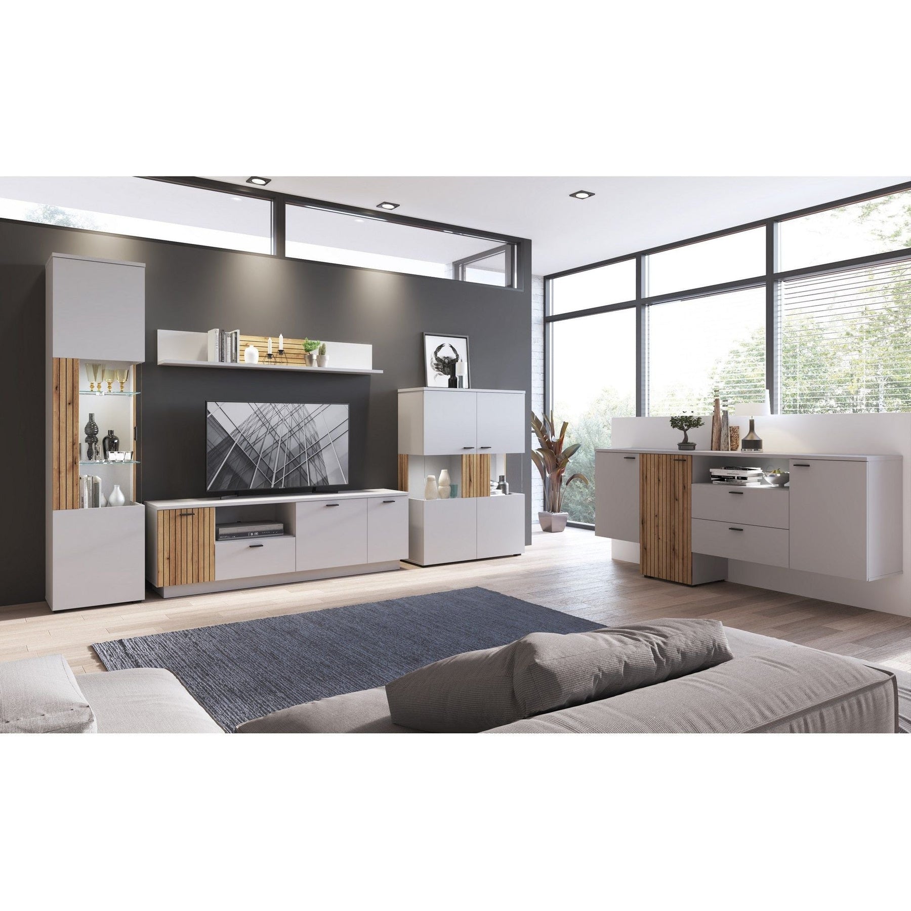 Comoda TV VERO, alb/stejar, PAL laminat, 180x40x59 cm