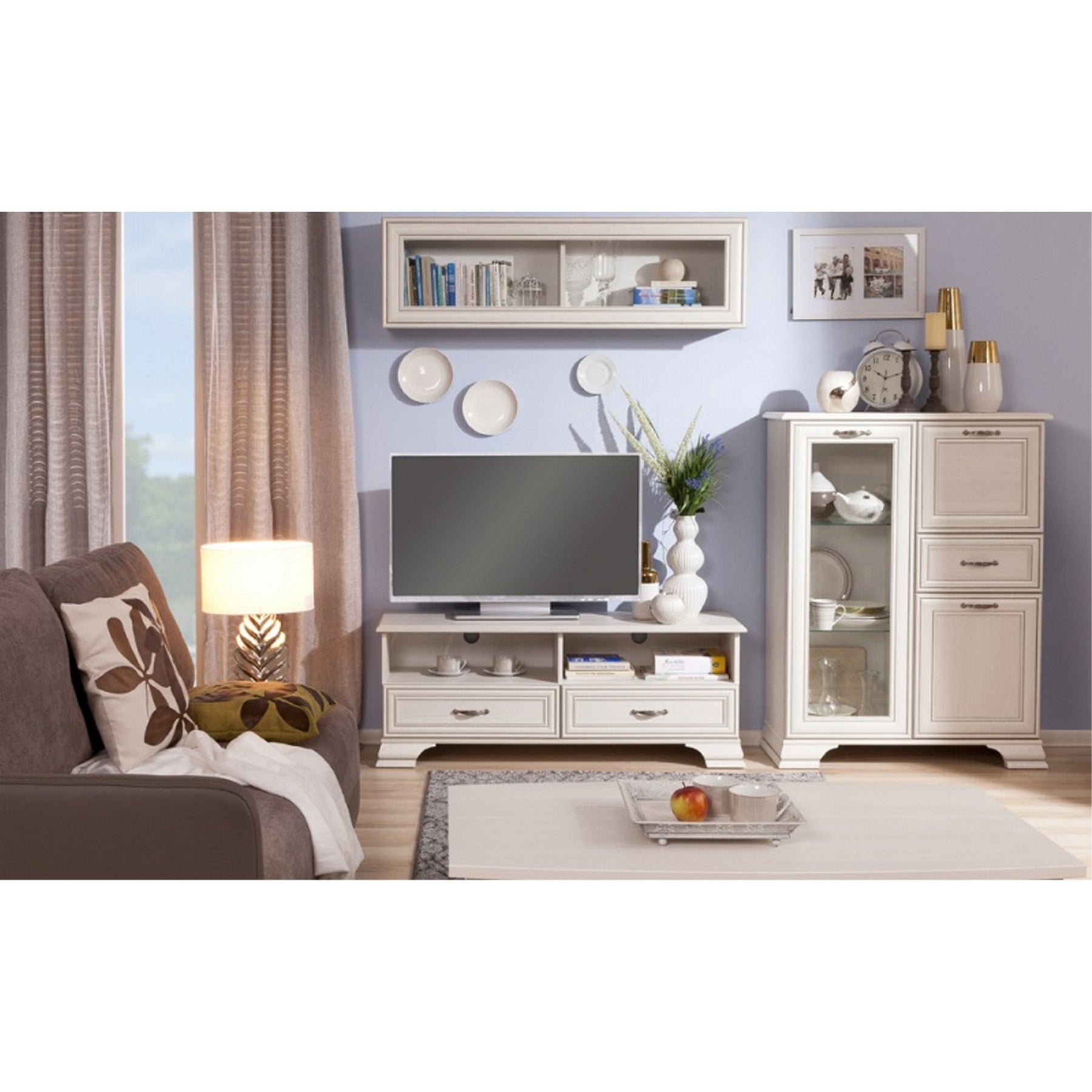 Set living woodline crem Tiffany (Tiffy) 2, format dintr-o vitrina, comoda TV si raft