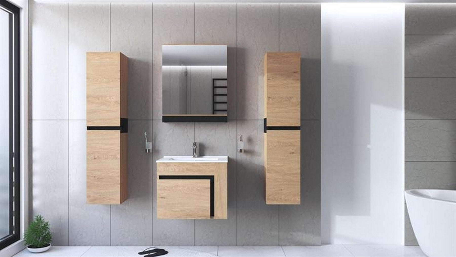 Dulap baie suspendat DUESA, stejar auriu/negru, PAL laminat, cu o usa si oglinda, 60x15x72 cm
