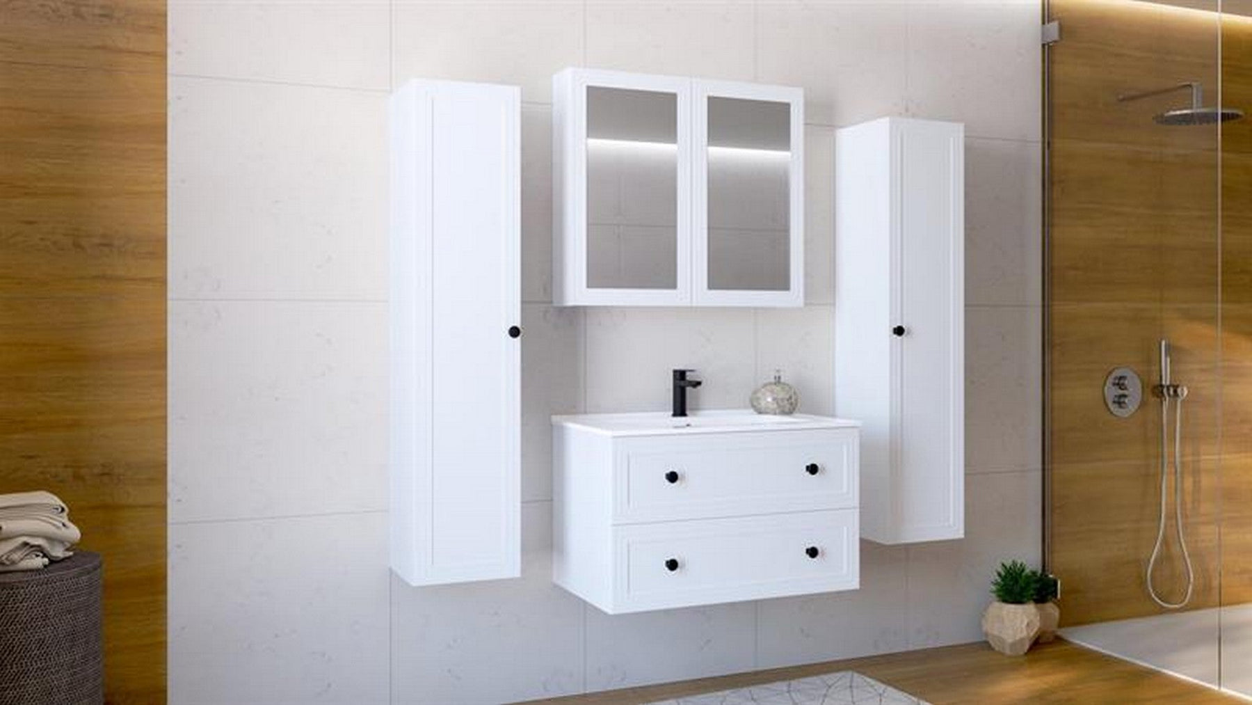 Dulap baie TORETO, alb mat, PAL laminat, cu oglinzi, 80x15x70 cm