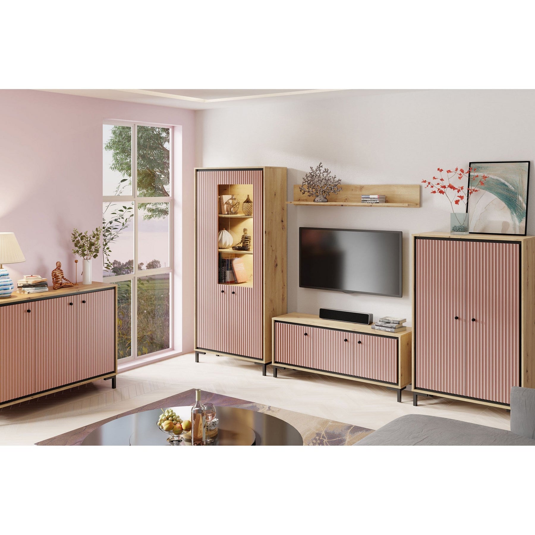Vitrina PARII PA02, stejar artisan/roz, PAL laminat/sticla, cu iluminare LED, 89x37x196 cm