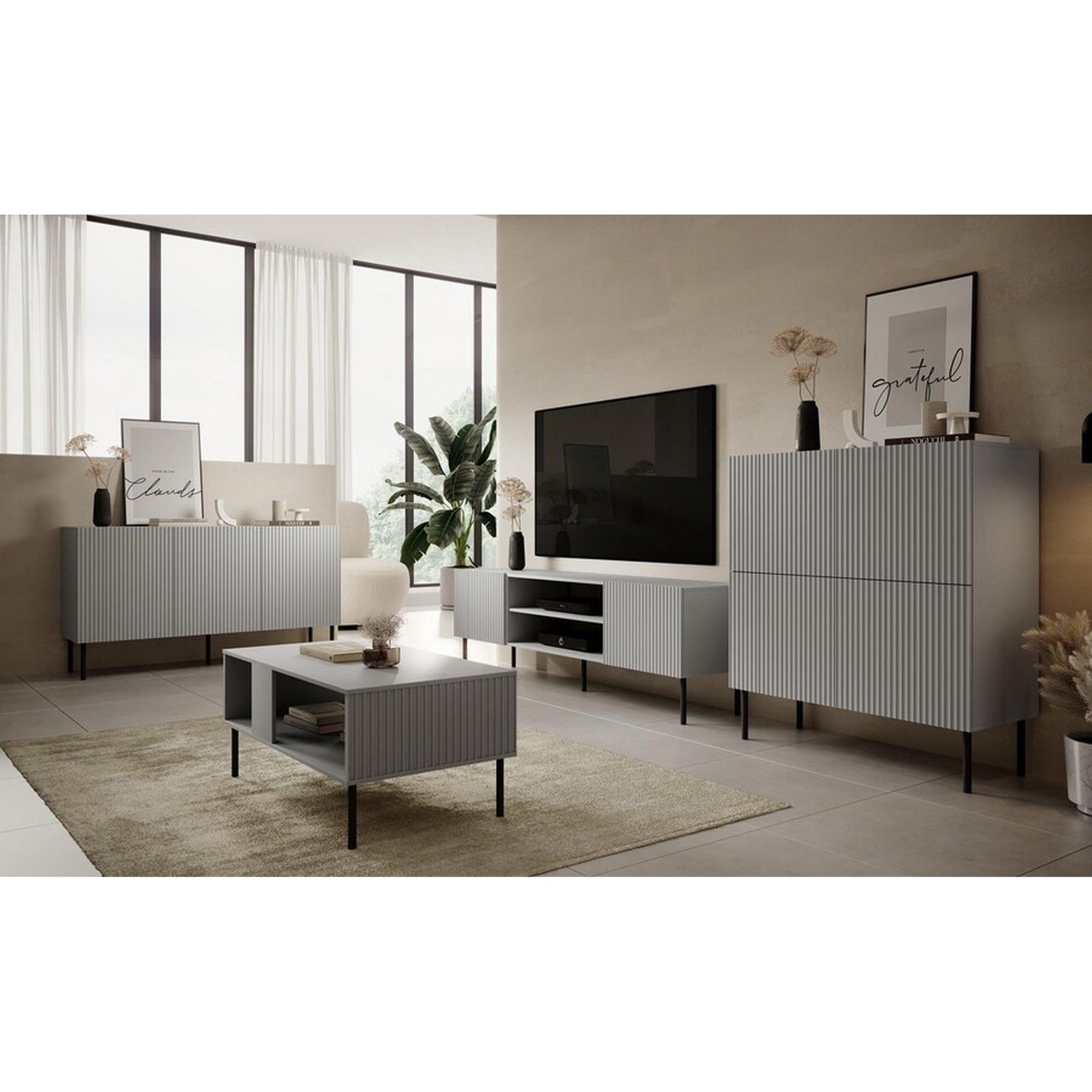 Comoda ASENSIO, gri mat/negru, PAL laminat, 150X42X81 cm