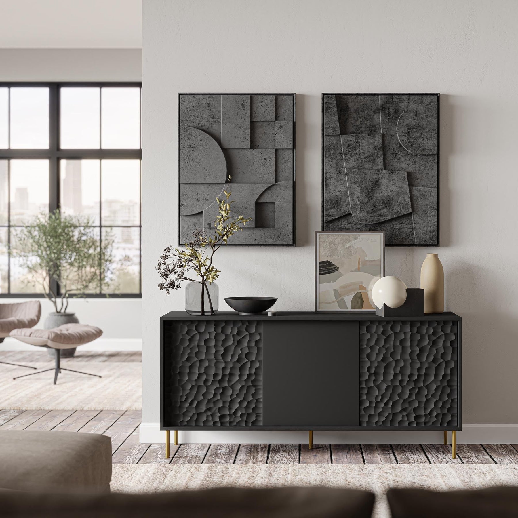 Comoda BULLET, negru/auriu, PAL laminat, 155X41X73 cm