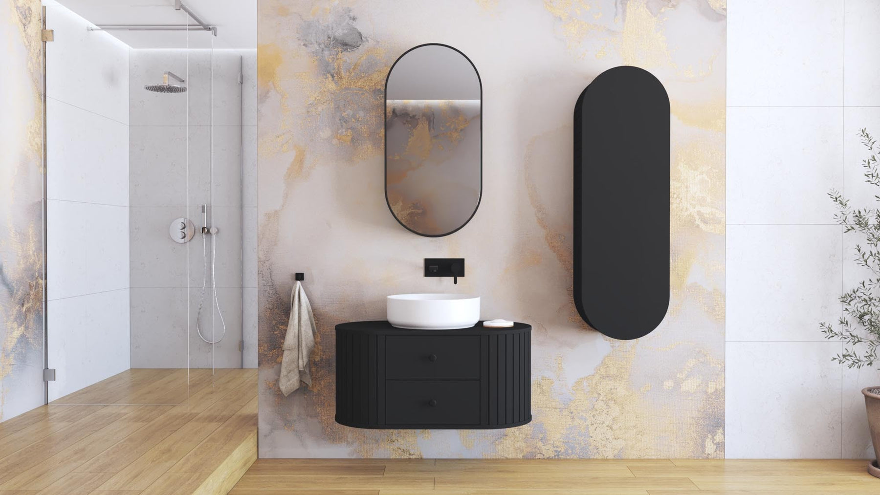 Dulap baie VENEZIA, negru mat, PAL laminat, cu 2 sertare, pentru lavoar, 95x48x45 cm