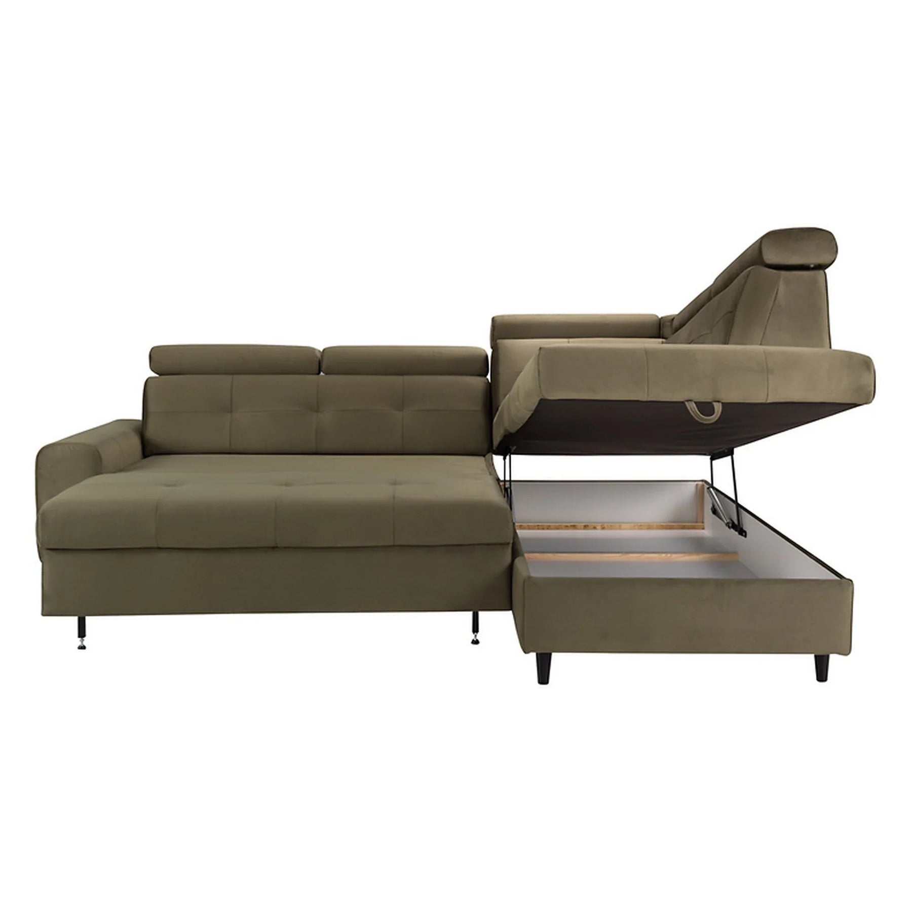 Coltar extensibil MATRAS, sezlong dreapta, stofa catifelata verde olive - Letto 38, cu lada depozitare, 263x205x98 cm