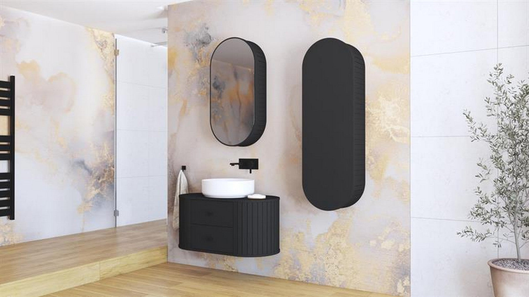 Dulap baie VENEZIA, negru mat, PAL laminat, cu oglinda, 48x19x95 cm