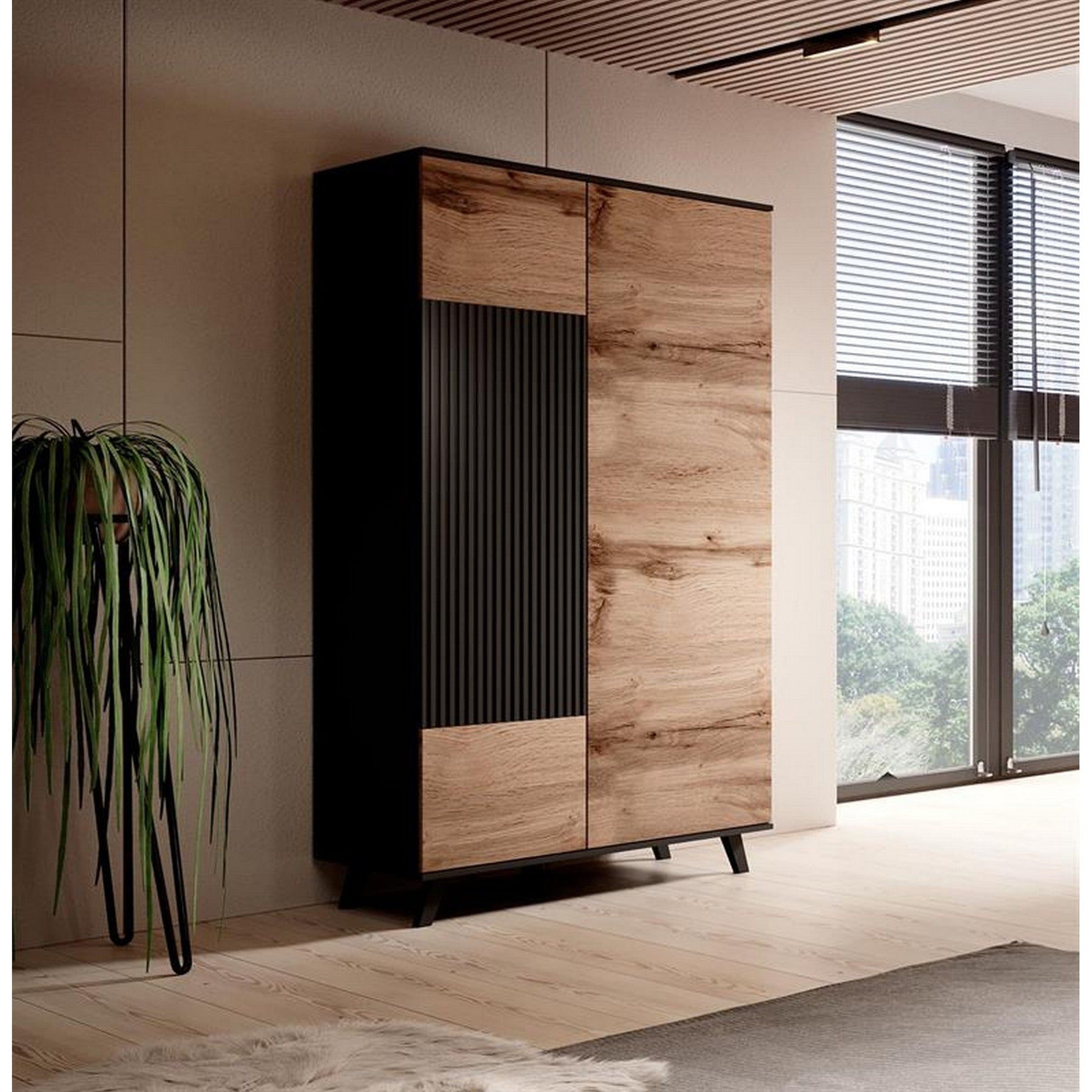 Dulap RANDOM, stejar wotan/negru, PAL furniruit, 90x55x182 cm