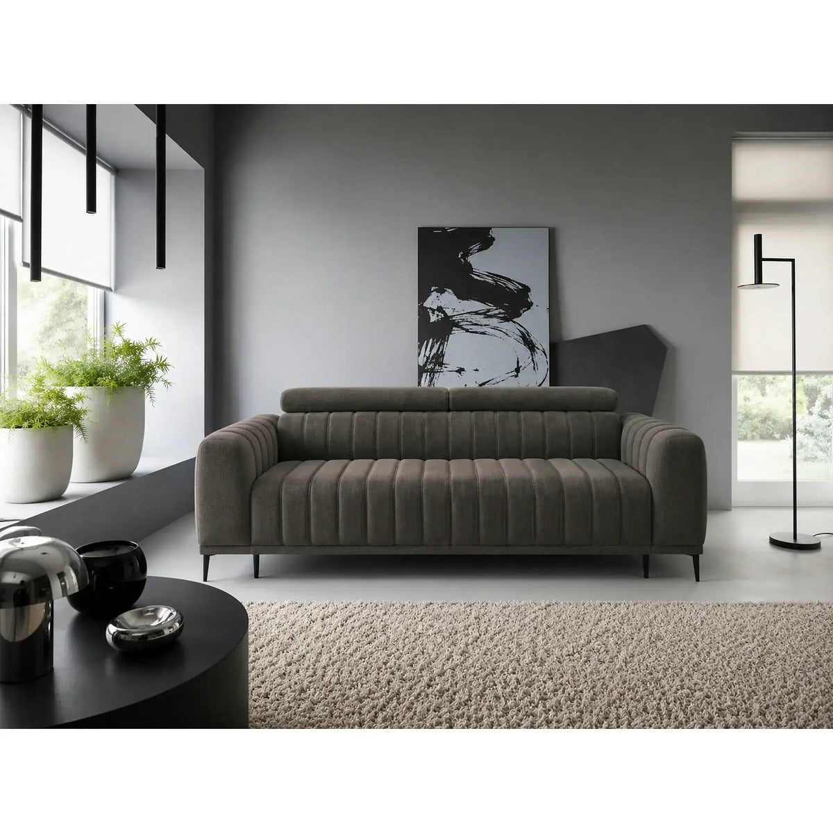 Canapea extensibila GANDI 140, stofa catifelata gri inchis - Riviera 97, cu tetiere reglabile, 207x102x95 cm