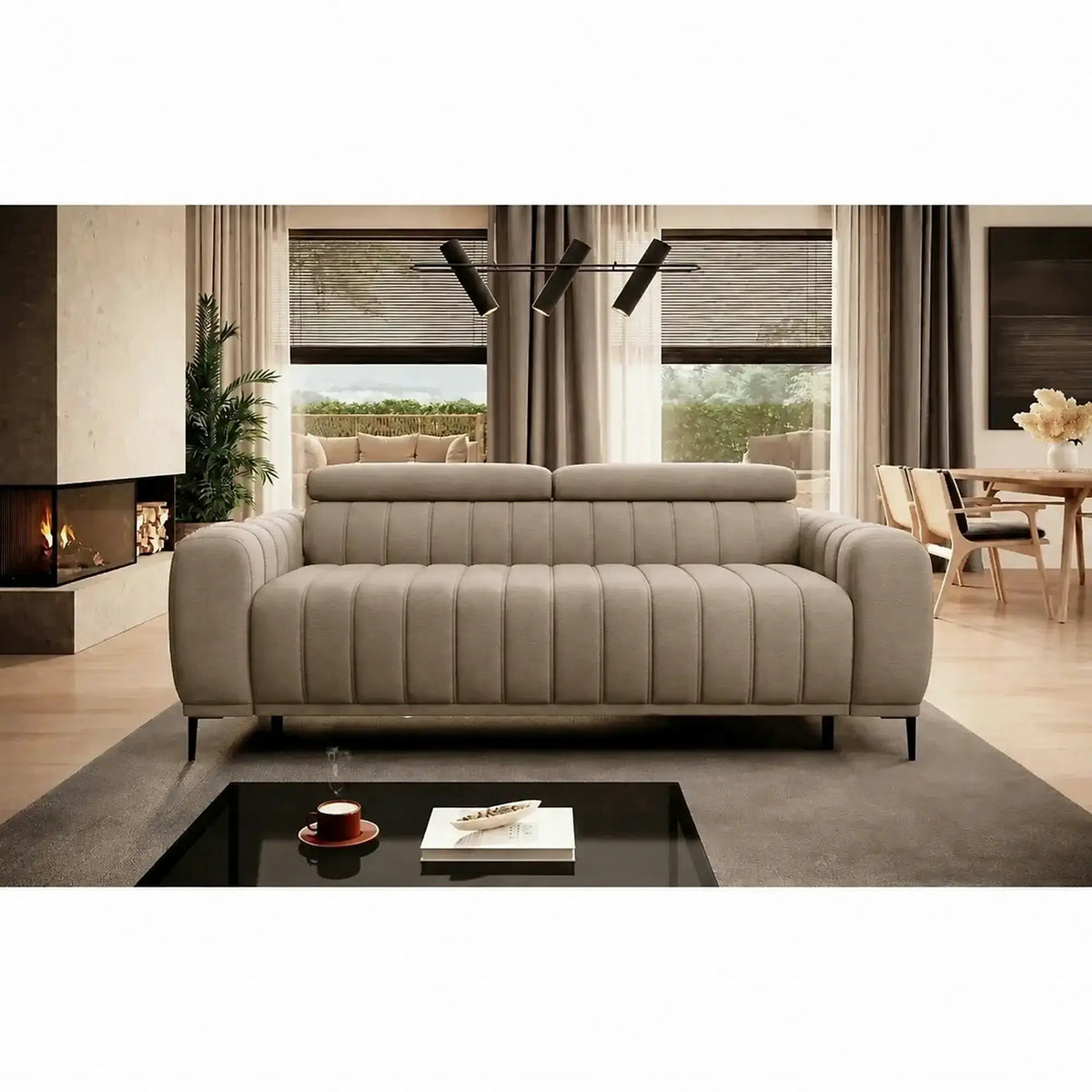 Canapea extensibila GANDI 160, stofa catifelata bej - Riviera 16, cu tetiere reglabile, 227x102x95 cm
