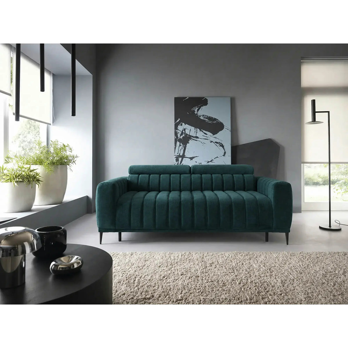 Canapea extensibila GANDI 160, stofa clasica turcoaz - Austin 14, cu tetiere reglabila, 227x102x95 cm
