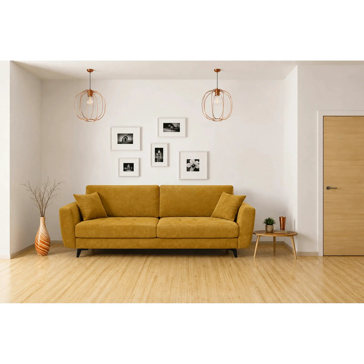 Canapea extensibila KARISA, stofa catifelata galben - Salvador 09, Stofa de Lux, cu lada depozitare, 241x113x91 cm