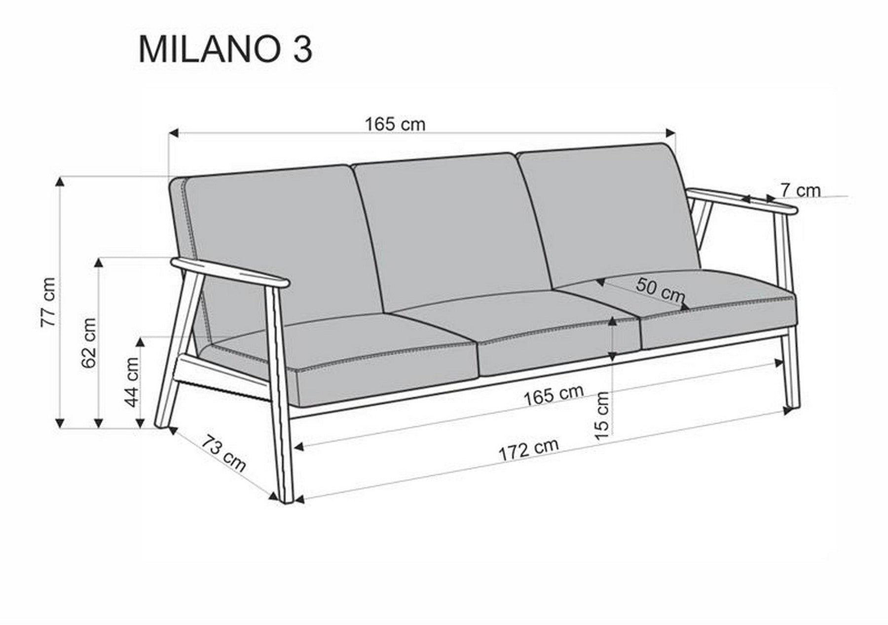Canapea MILANO 3S, stofa catifelata bej - Castel 04, 175x77x77 cm