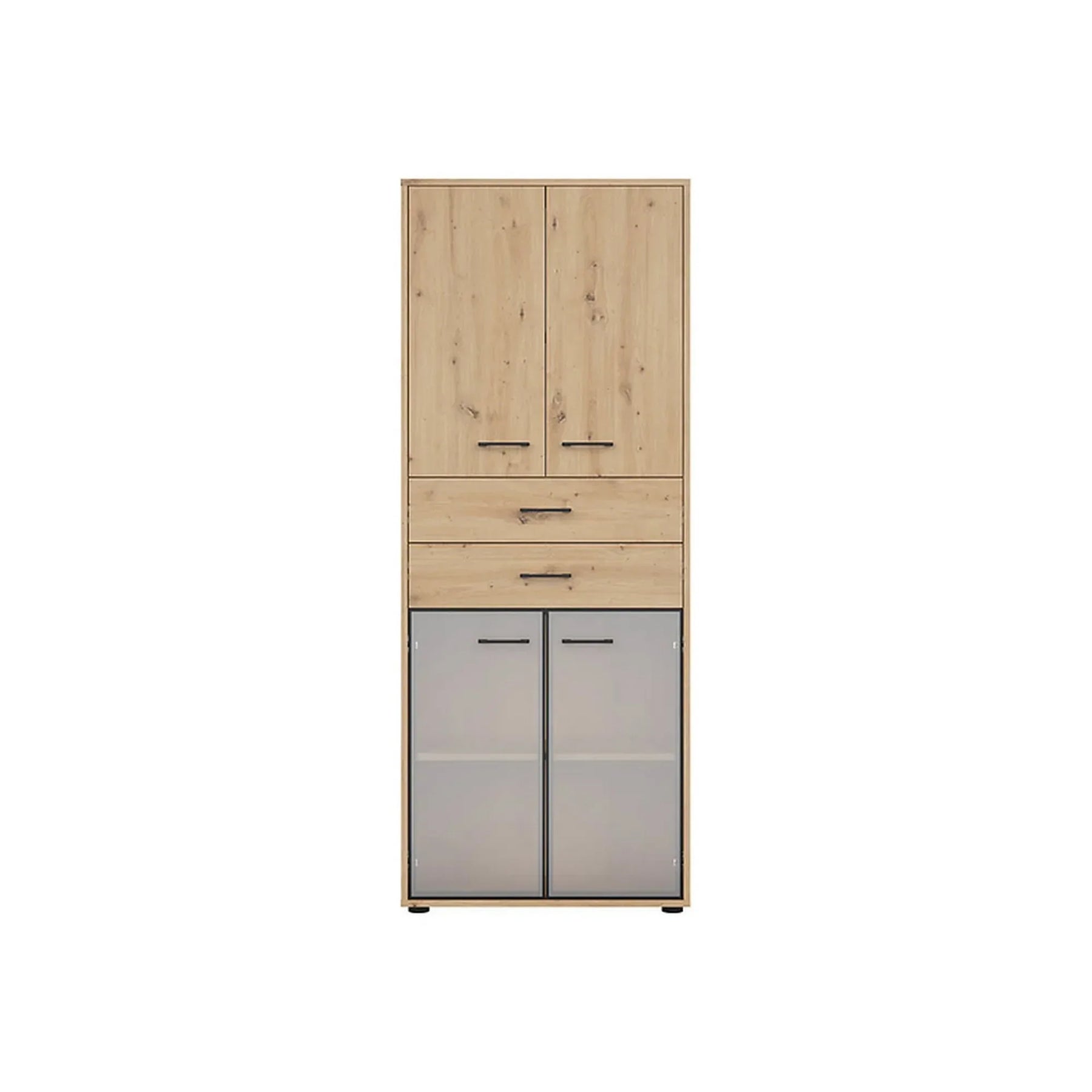 Vitrina SPACE OFFICE, stejar artisan/negru fumuriu, PAL laminat/sticla, cu 4 usi si 2 sertare, 80x38x203 cm