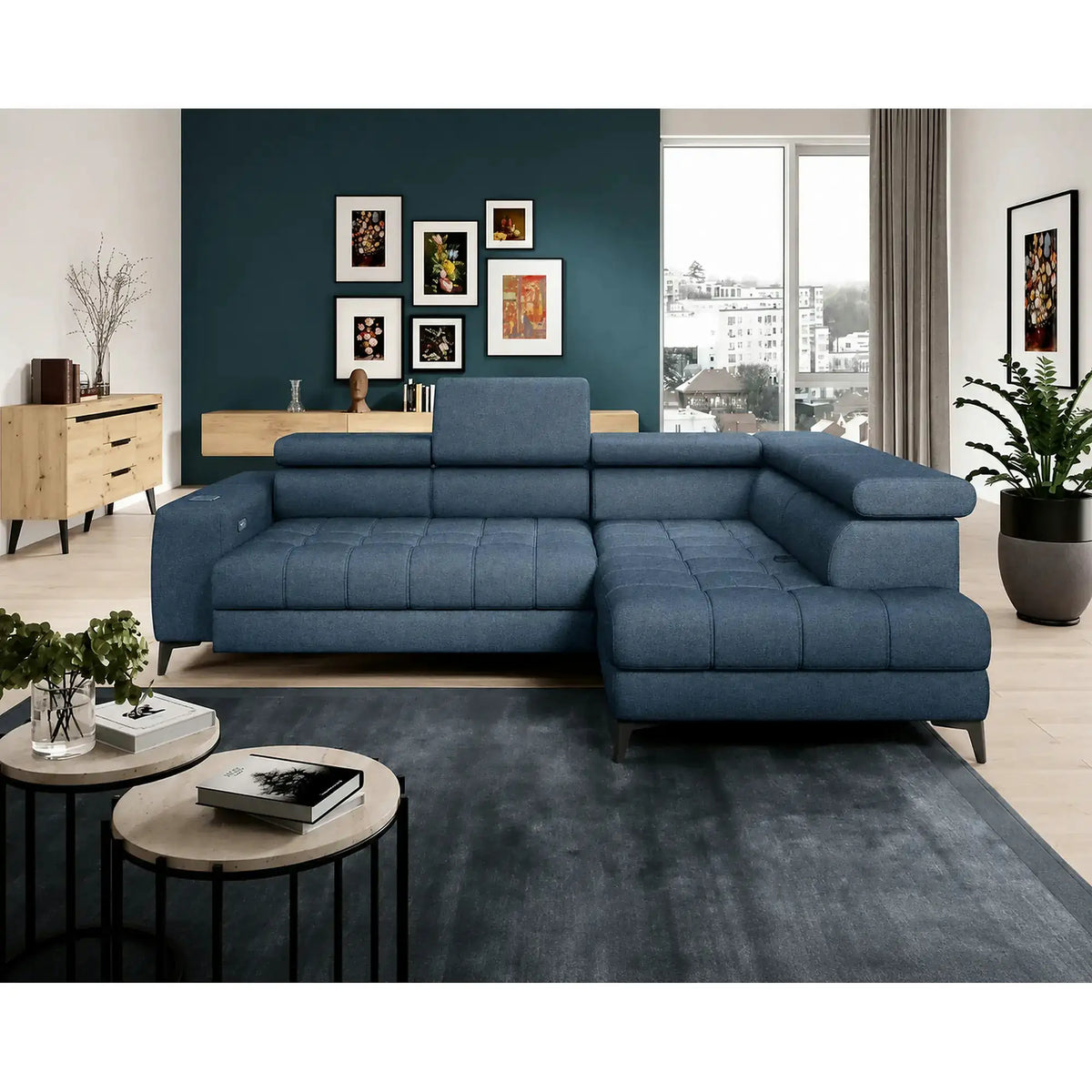 Coltar BAGGIO, sezlong dreapta, stofa catifelata albastru - Whisper 12, cu reglaj electric, incarcator wireless, lada depozitare si tetiere reglabile, 280x196x100 cm