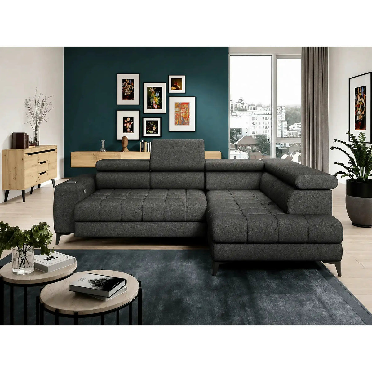Coltar BAGGIO, sezlong dreapta, stofa clasica gri inchis - Austin 20, cu reglaj electric, incarcator wirelles, lada depozitare si tetiere reglabile, 280x196x100 cm