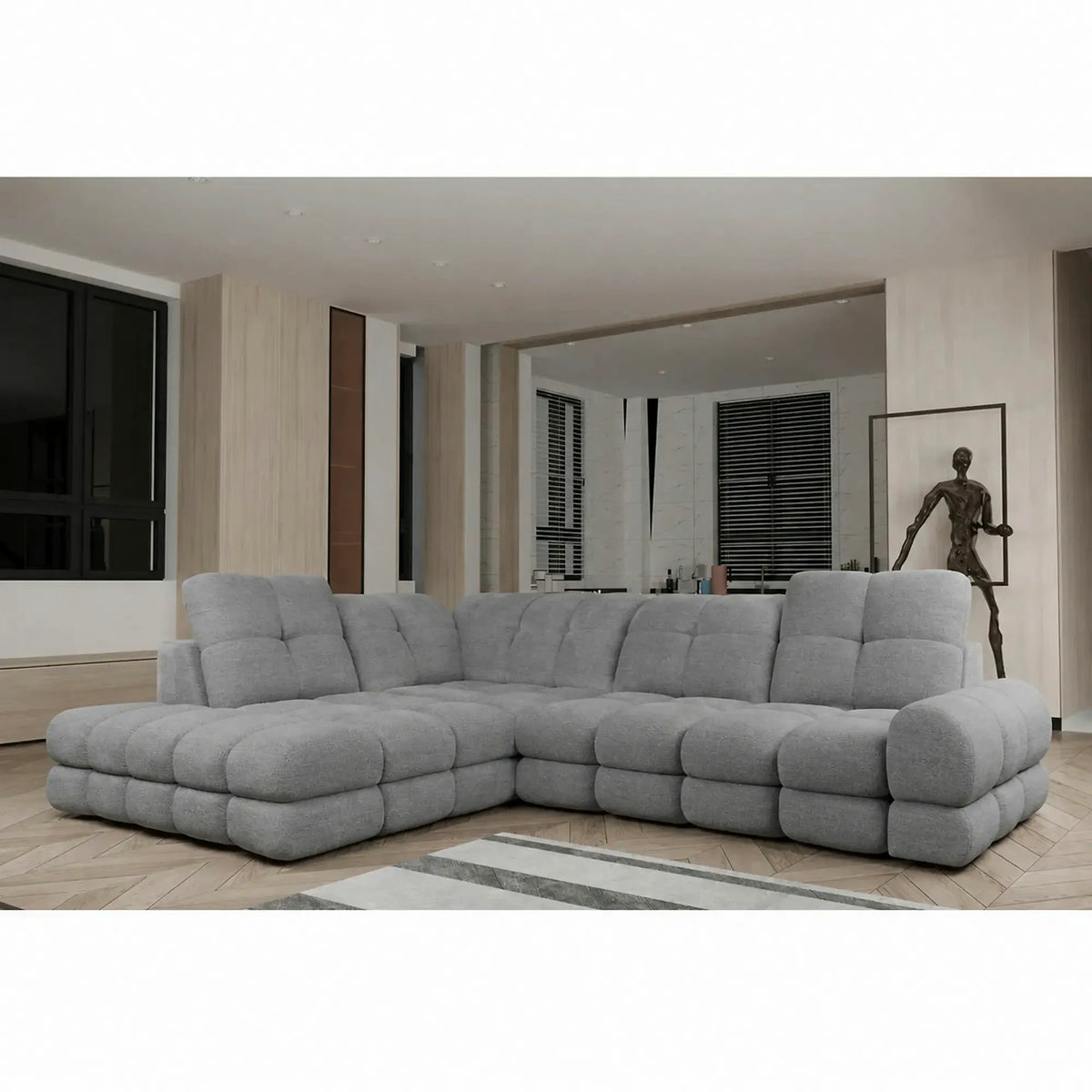 Coltar extensibil 3m TOLLO L, sezlong stanga, stofa catifelata gri - Riviera 91, cu lada depozitare si reglaj electric, 302x217x105 cm