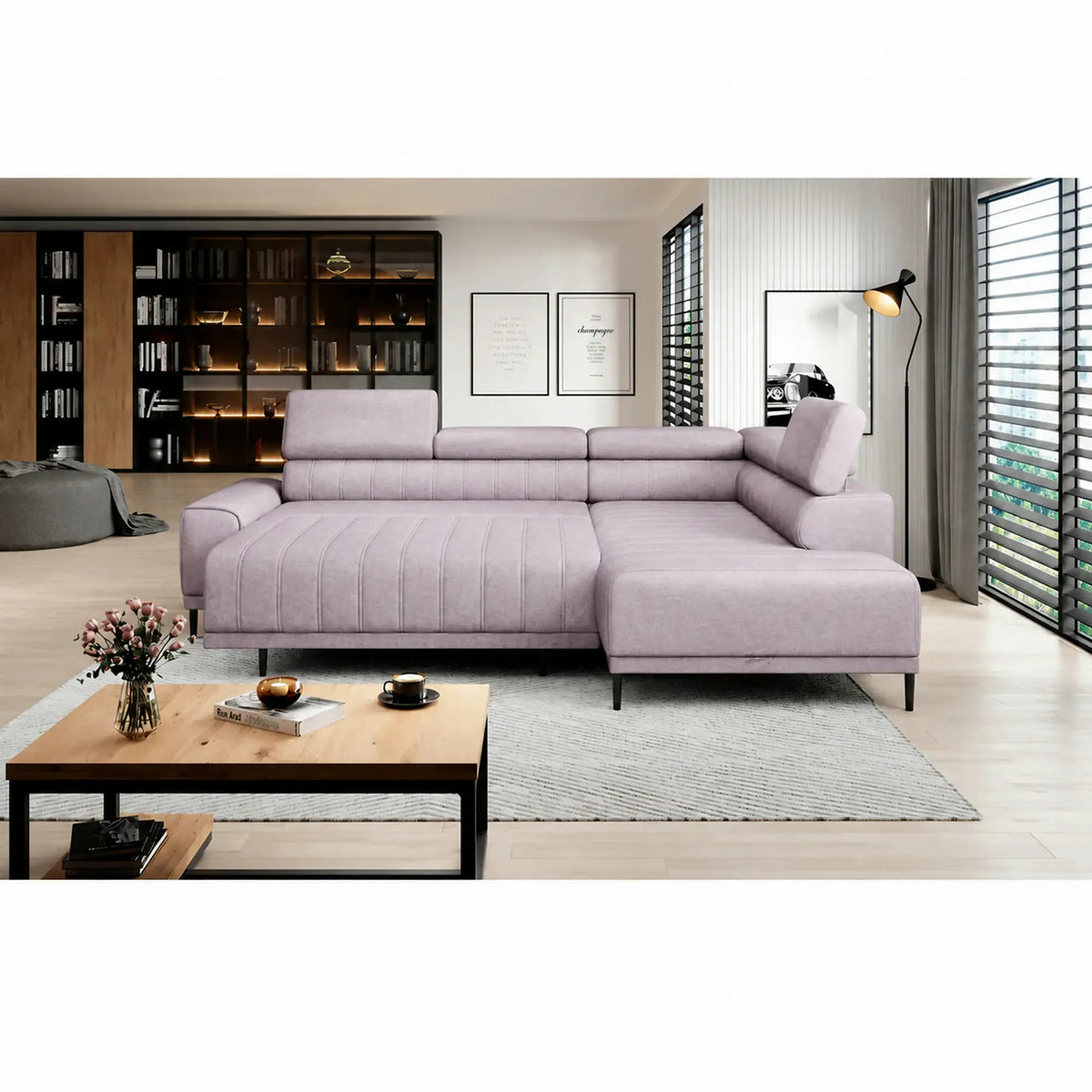 Coltar extensibil CALDO L, sezlong dreapta, stofa catifelata mov lila - Monolith 62, cu lada depozitare si tetiere reglabile, 268x200x99 cm