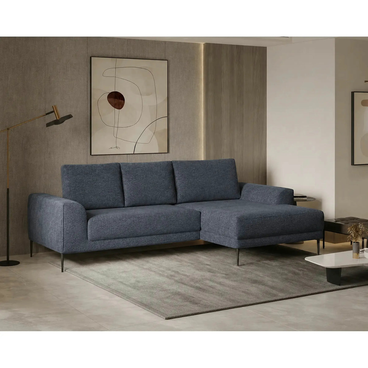 Coltar extensibil CAPITOL, sezlong dreapta, stofa catifelata gri inchis - Whisper 15, cu lada depozitare, 276x175x89 cm