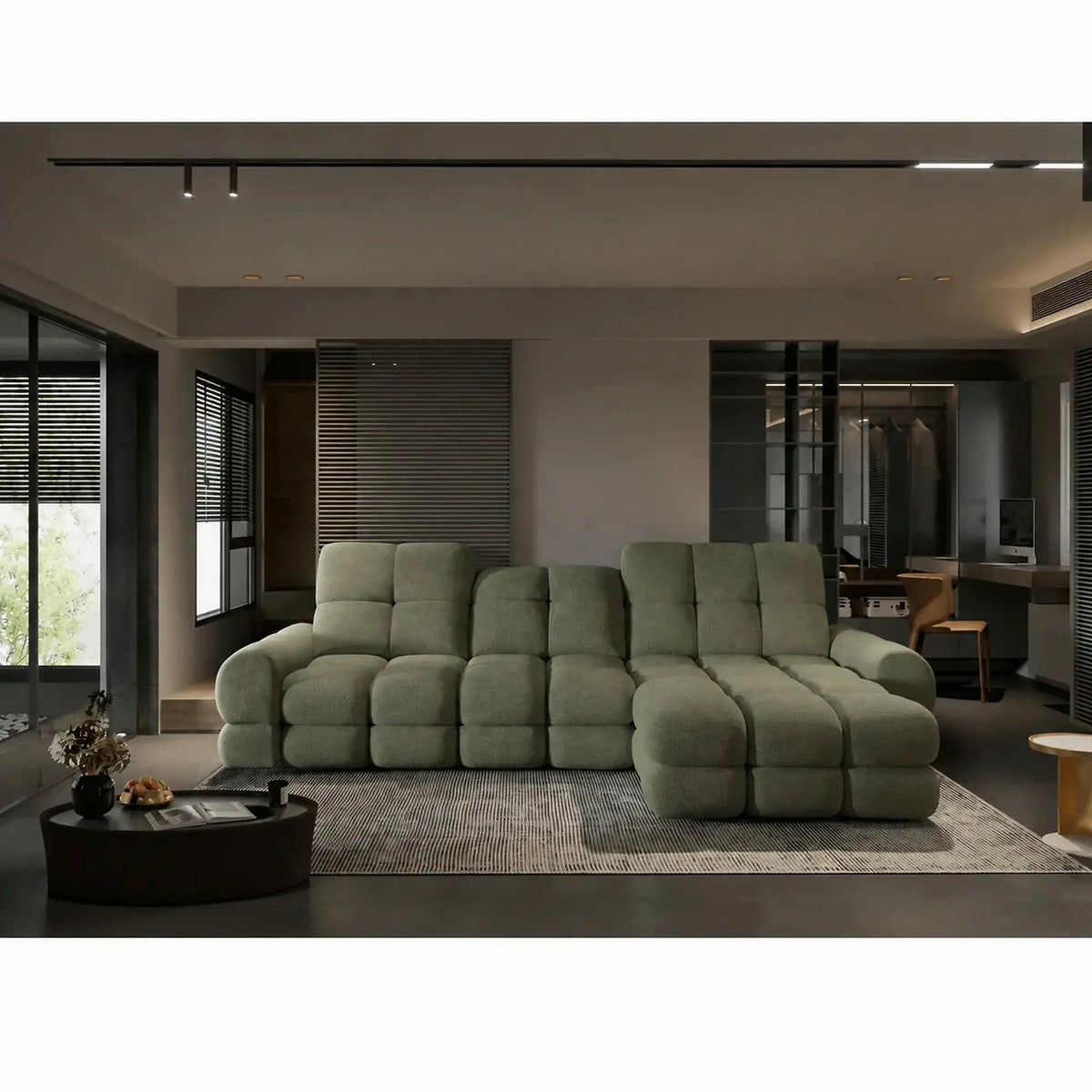Coltar extensibil confortabil TOLLO MINI, sezlong dreapta, stofa catifelata verde - Shanghai 07, cu lada depozitare si reglaj electric, 283x171x105 cm