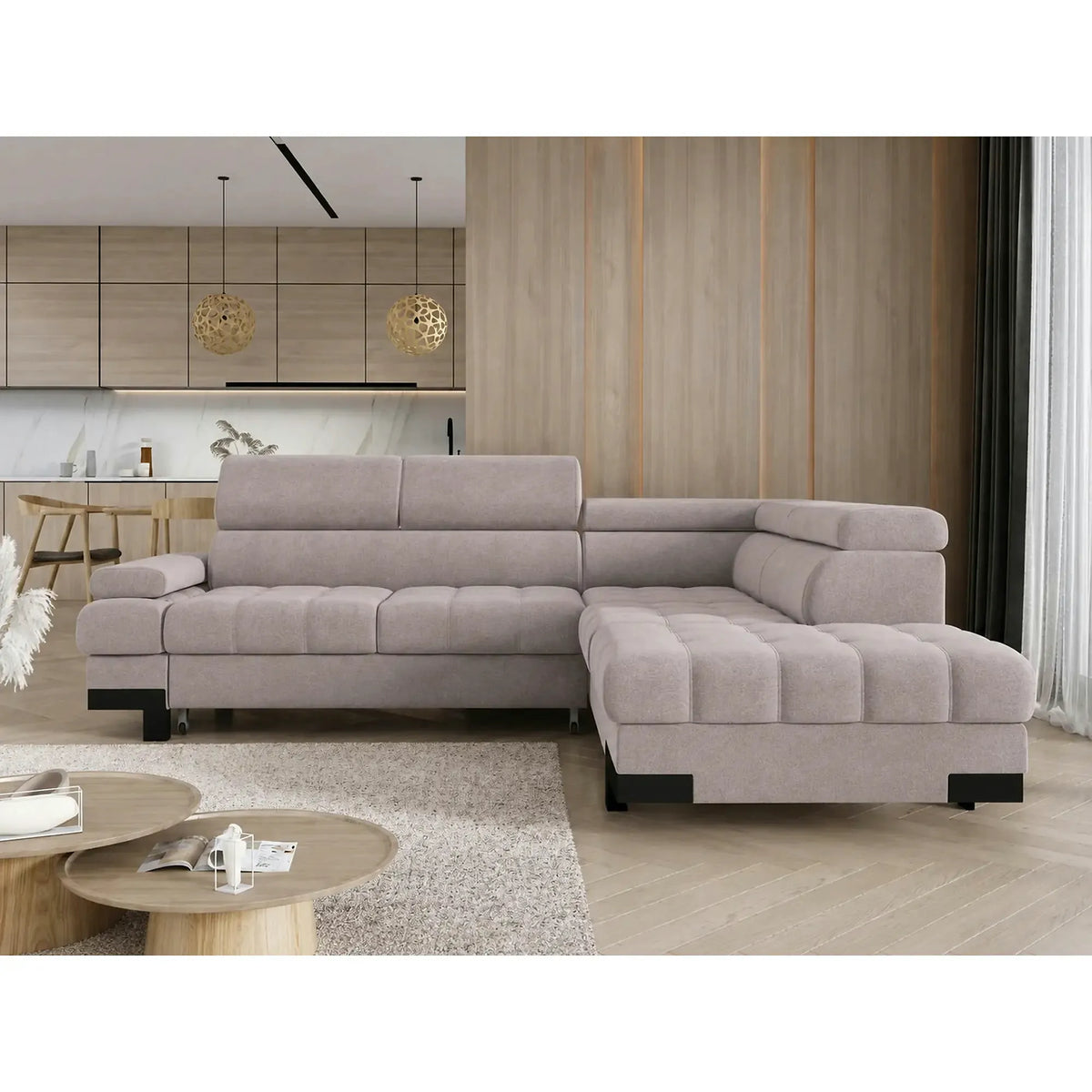 Coltar extensibil cu lada SELVA L, sezlong dreapta, stofa catifelata bej - Whisper 03, tetiere reglabile, 263x223x95 cm