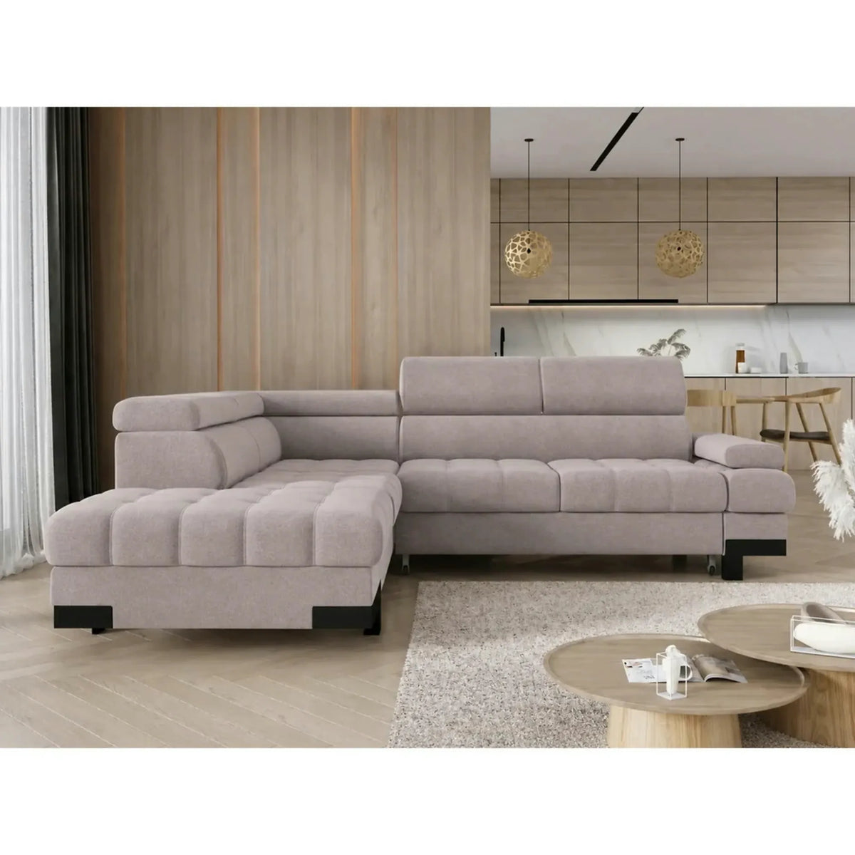 Coltar extensibil cu lada SELVA L, sezlong stanga, stofa catifelata bej - Whisper 03, tetiere reglabile, 263x223x95 cm