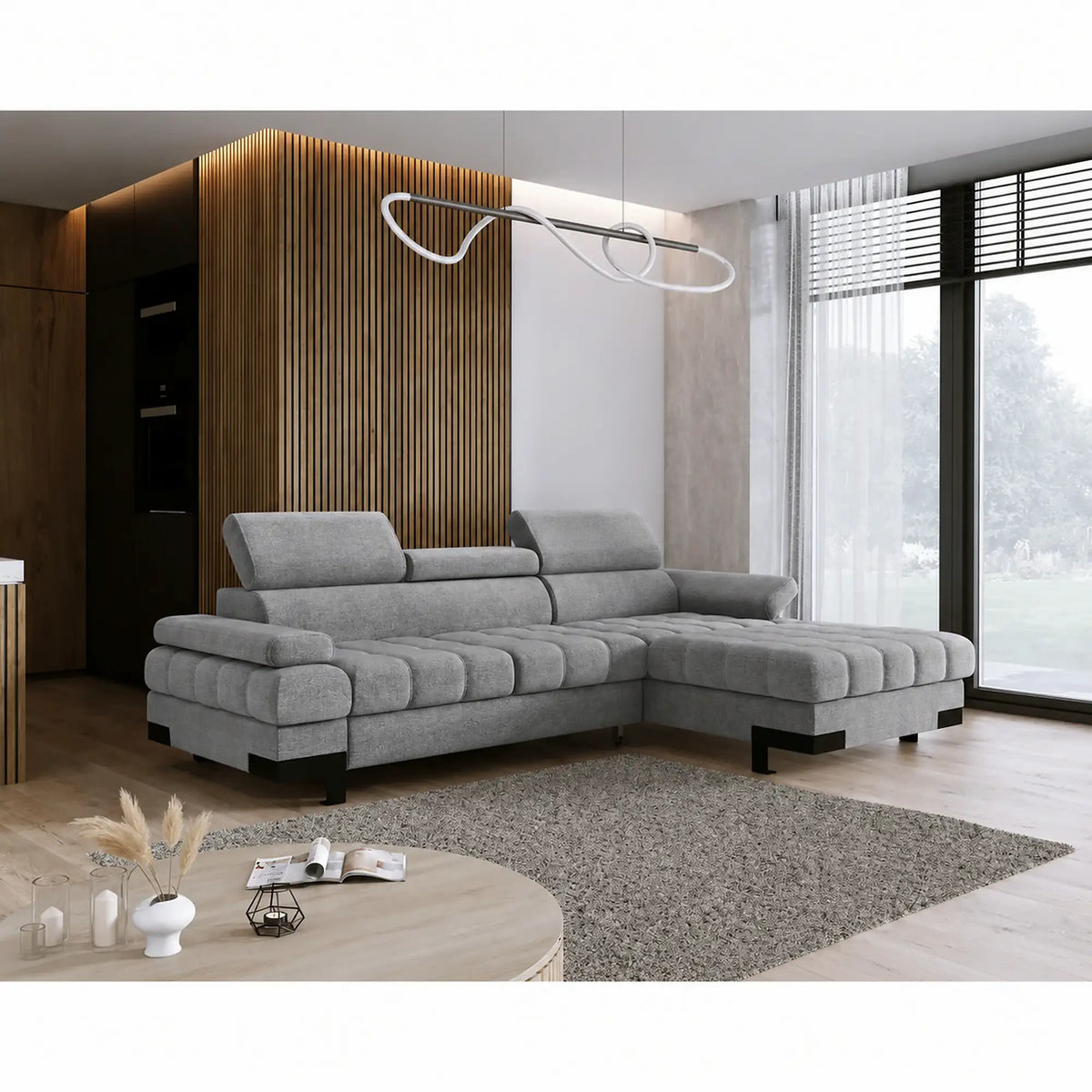 Coltar extensibil cu lada SELVA MINI, sezlong dreapta, stofa catifelata gri - Palladium 15, tetiere reglabile, 270x173x95 cm