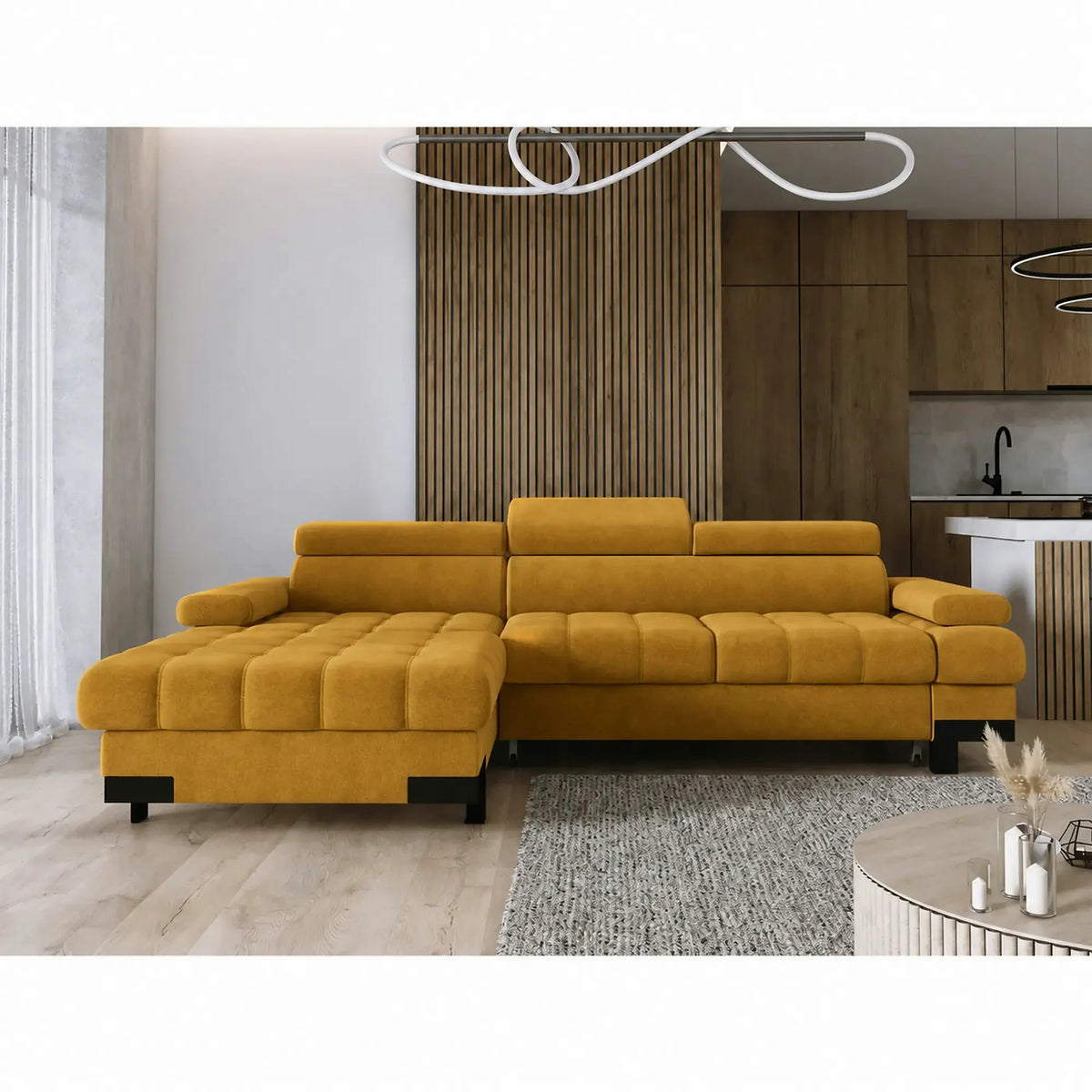 Coltar extensibil cu lada SELVA MINI, sezlong stanga, stofa catifelata galben - Terra 48, 270x173x95 cm