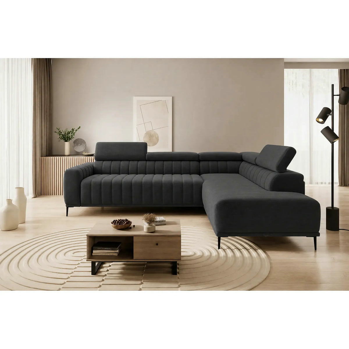 Coltar extensibil GANDI 160, sezlong dreapta, stofa catifelata gri grafit - Element 22, cu lada depozitare, 301x204x99 cm