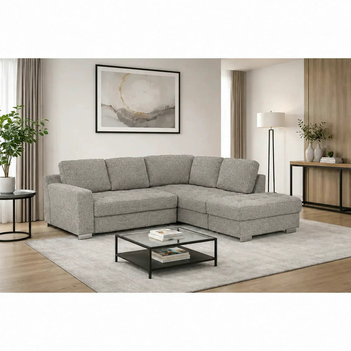 Coltar extensibil modern living ROCA, sezlong dreapta, stofa gri deschis - Rimini R073, 262x241x89 cm