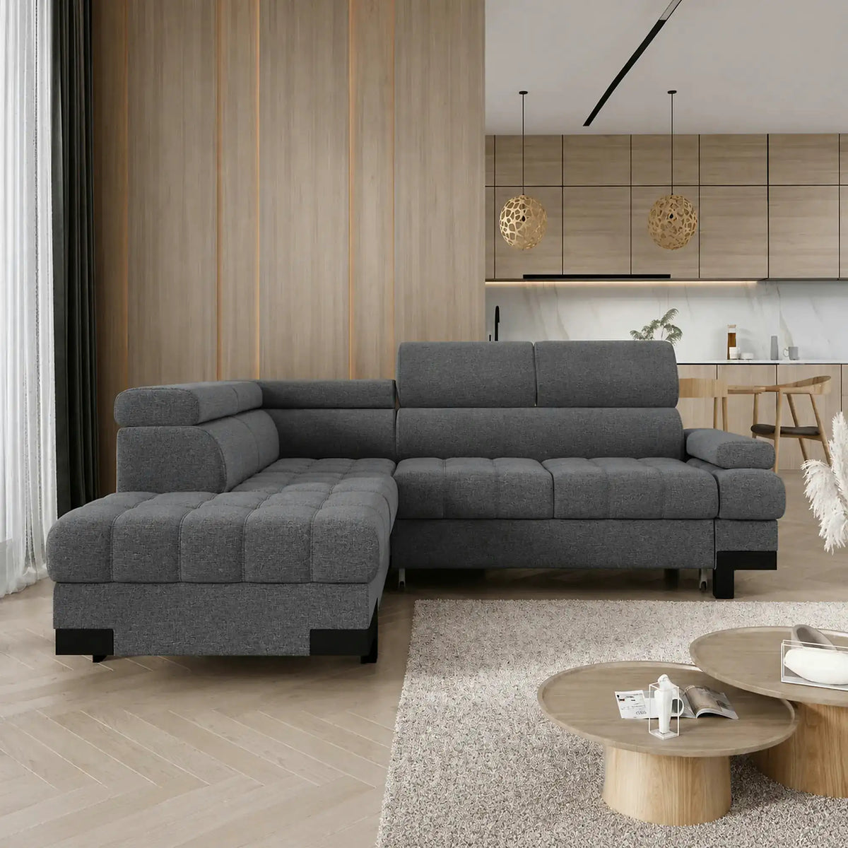 Coltar extensibil SELVA L, sezlong stanga, stofa clasica gri - Austin 19, cu lada depozitare si tetiere reglabile, 263x223x95 cm