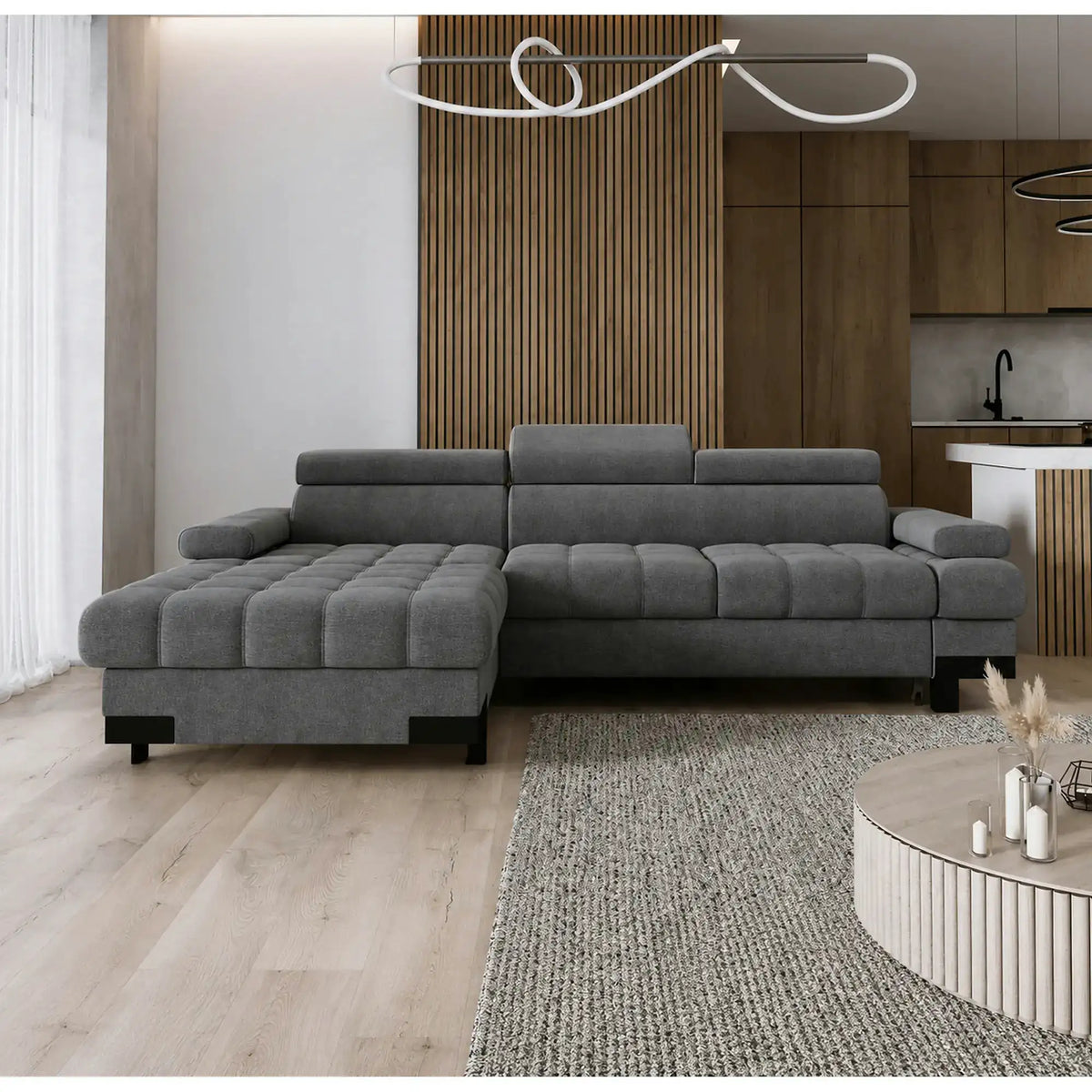 Coltar extensibil SELVA MINI, sezlong stanga, stofa catifelata gri antracit - Salvador 15, cu lada depozitare, 270x173x95 cm