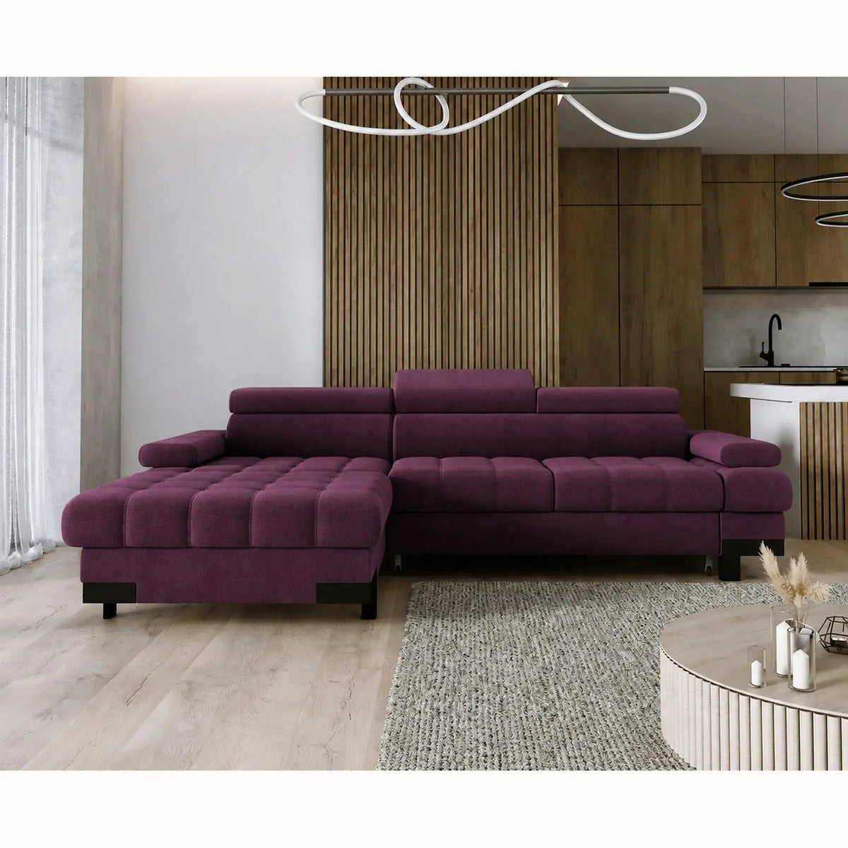 Coltar extensibil SELVA MINI, sezlong stanga, stofa catifelata violet - Whisper 14, cu lada depozitare si tetiere reglabile, 270x173x95 cm