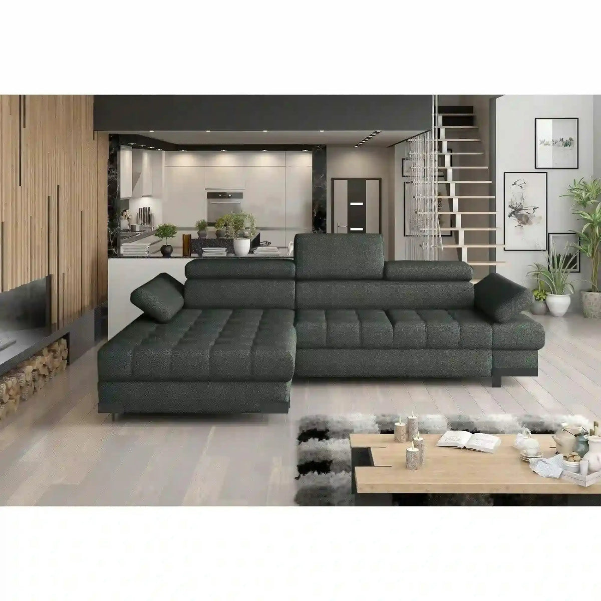 Coltar extensibil SELVA MINI, sezlong stanga, stofa gri - Rosario 456, cu lada depozitare si tetiere reglabile, 270x173x95 cm
