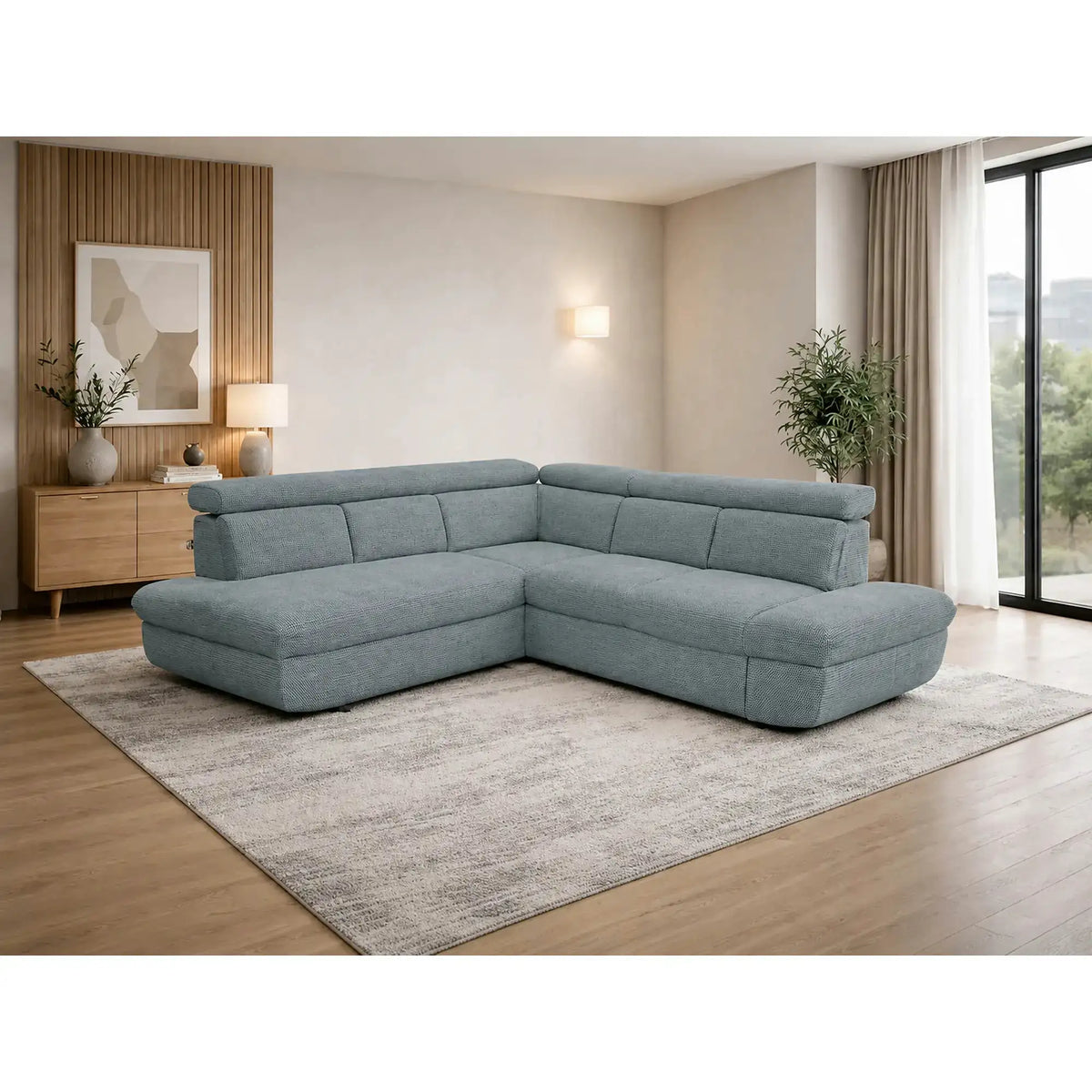 Coltar extensibil sufragerie REGAL, sezlong stanga, stofa turcoaz - Rimini R076, 266x196x95 cm