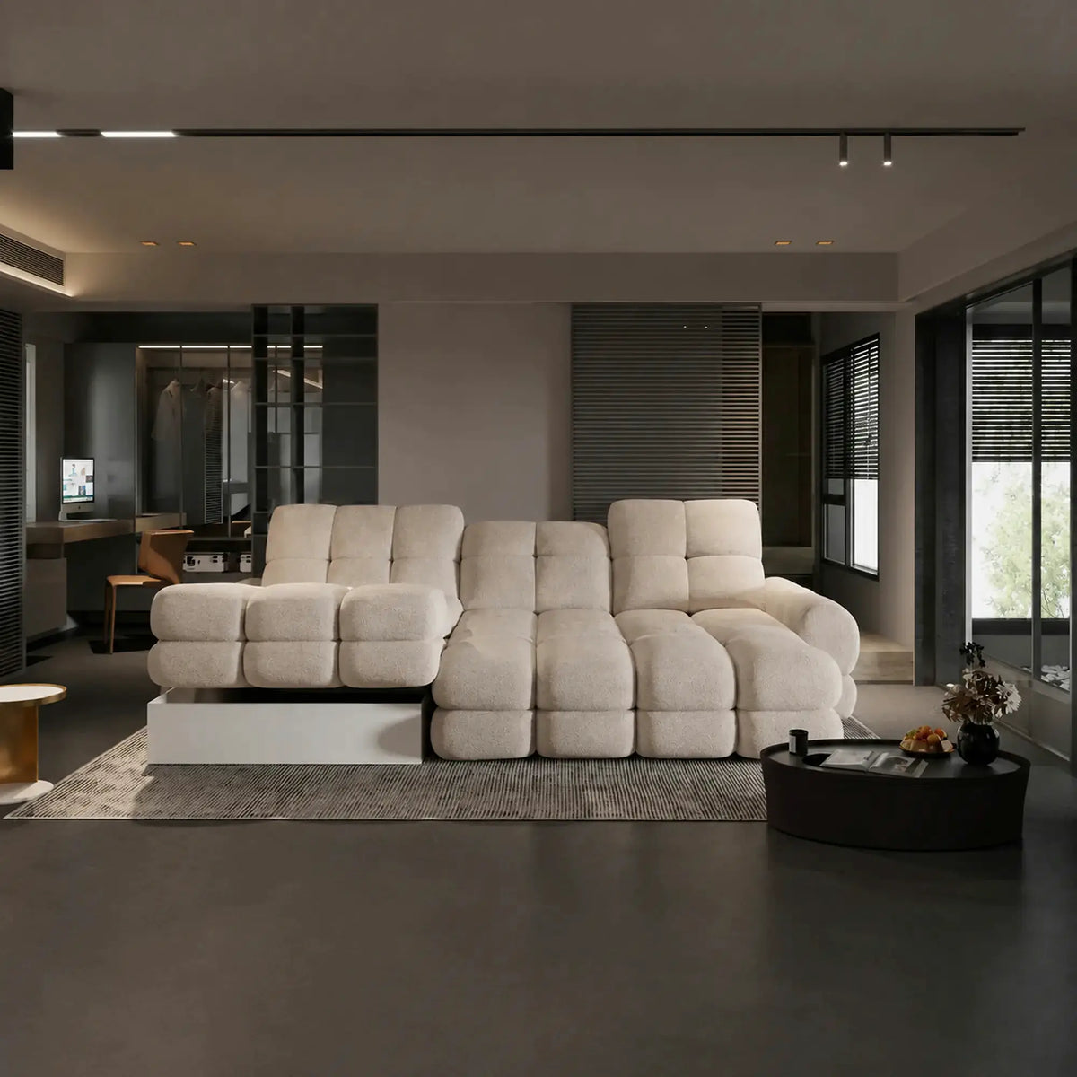 Coltar extensibil TOLLO MINI, sezlong stanga, stofa catifelata crem - Riviera 21, cu lada depozitare, 283x171x105 cm