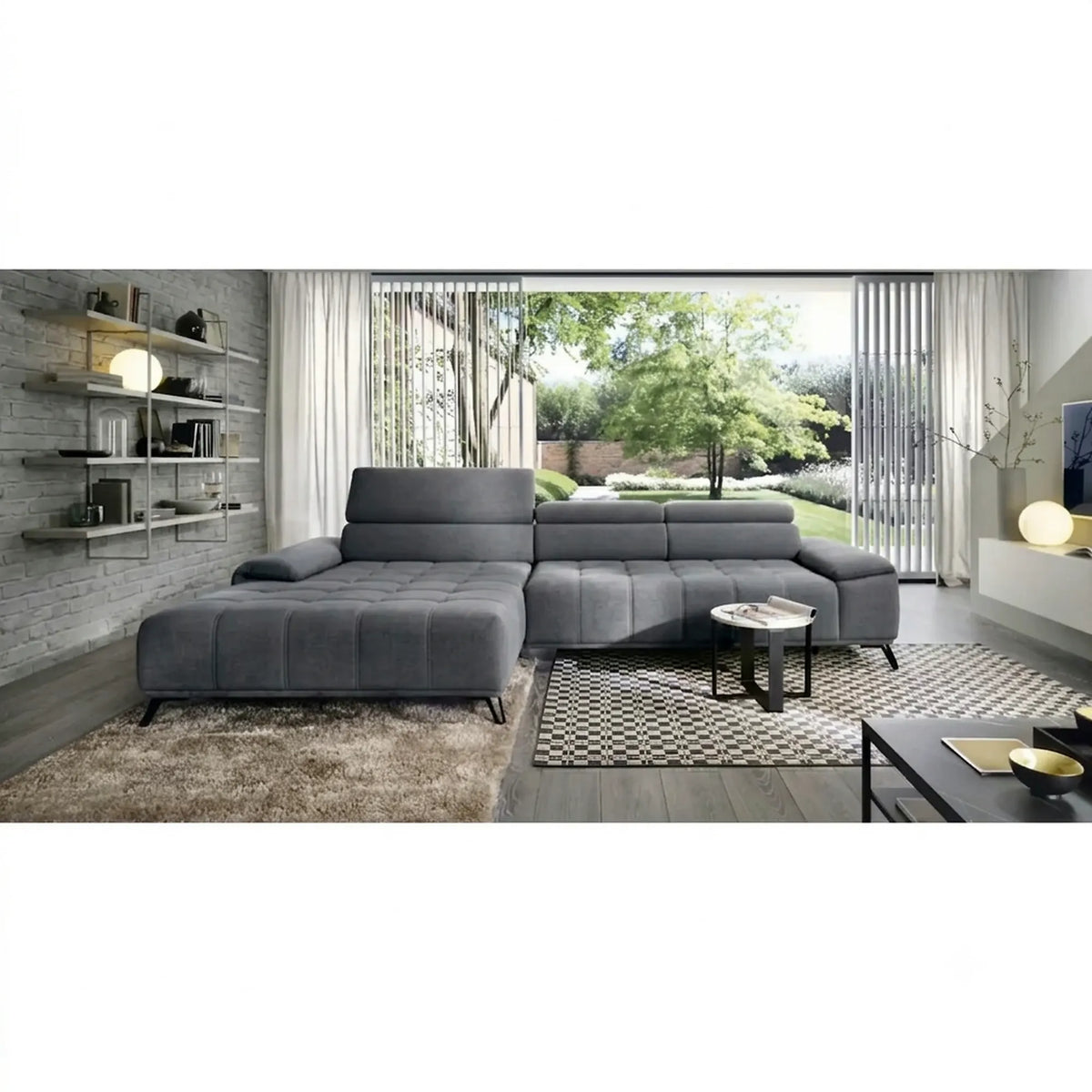 Coltar PALLADIO MINI, sezlong stanga, stofa catifelata gri - Monolith 92, cu tetiere reglabile si reglaj electric, 322x183x99 cm