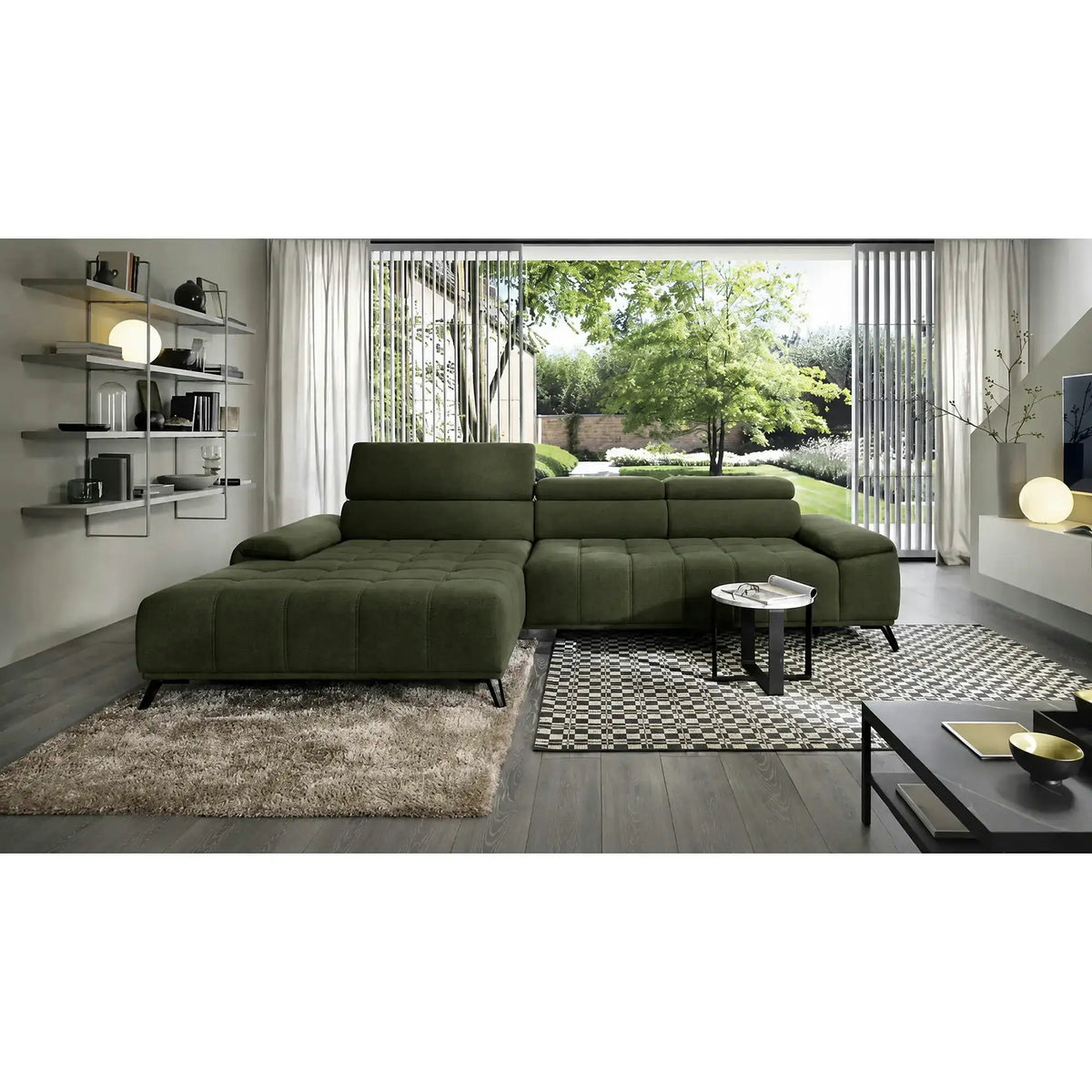 Coltar PALLADIO MINI, sezlong stanga, stofa catifelata verde - Whisper 11, cu tetiere reglabile si reglaj electric, 322x183x99 cm