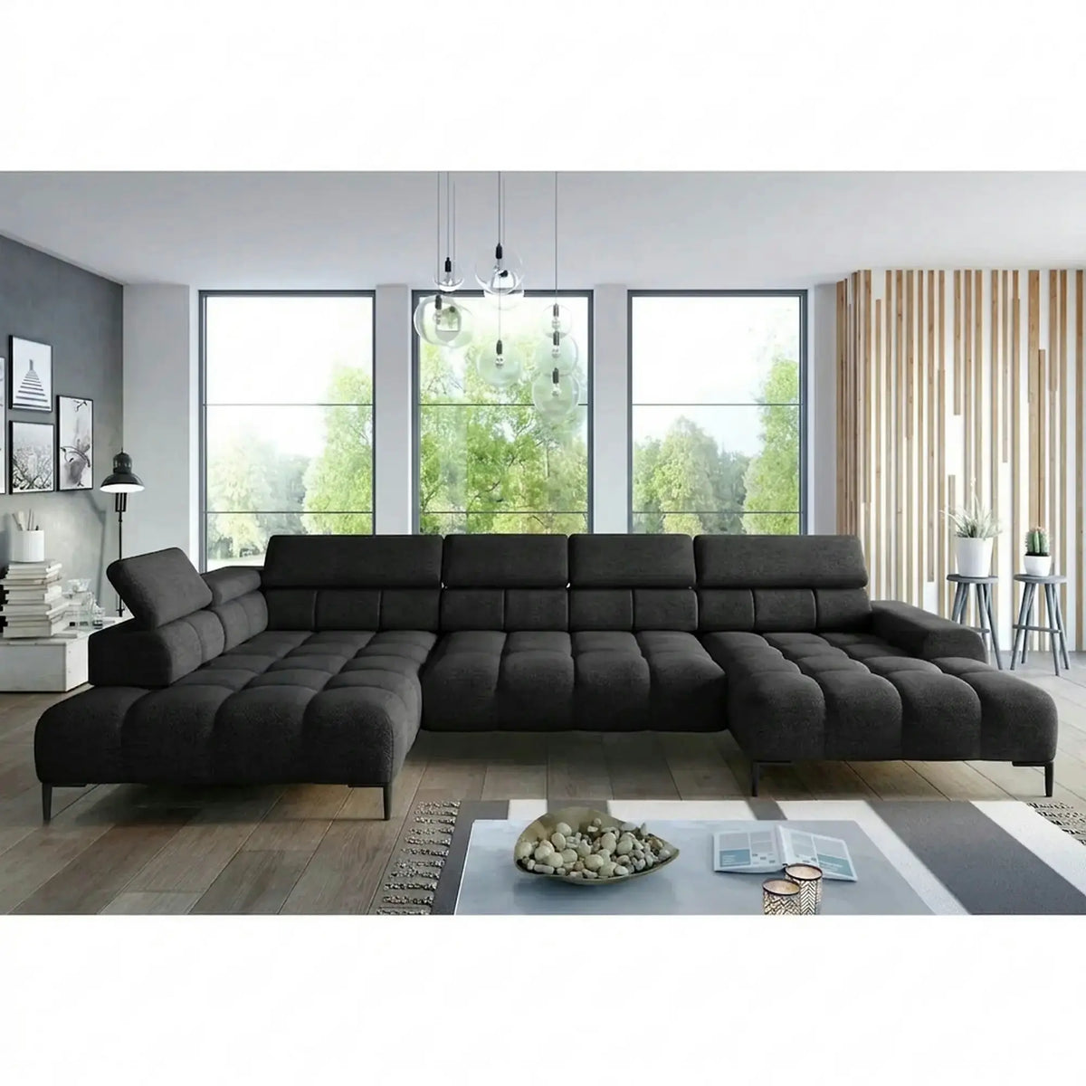 Coltar PLAZA XL, sezlong stanga, stofa catifelata negru - Riviera 100, cu reglaj electric si tetiere reglabile, 385x216x99 cm