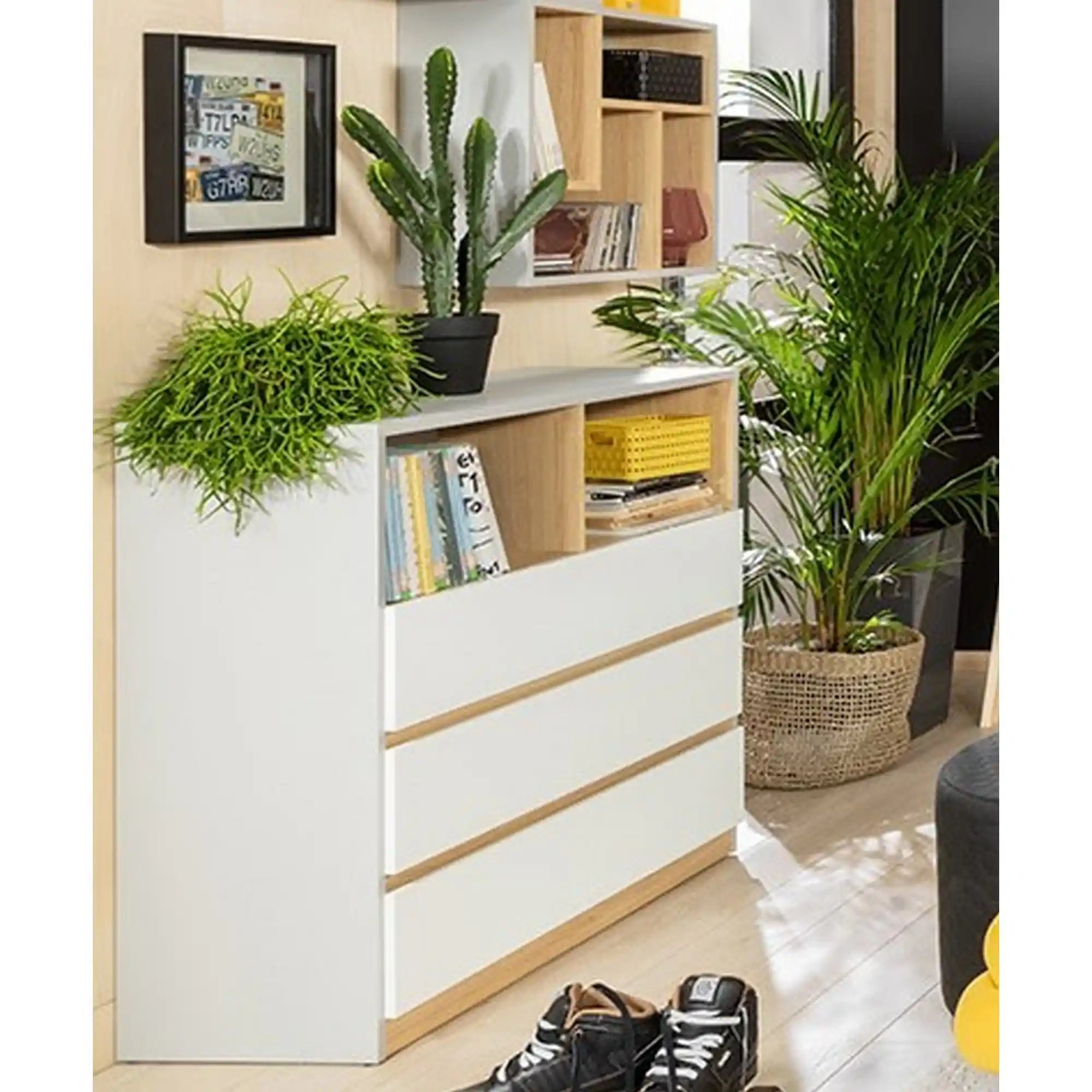 Comoda BERGEN OCN-29593, alb lucios/stejar