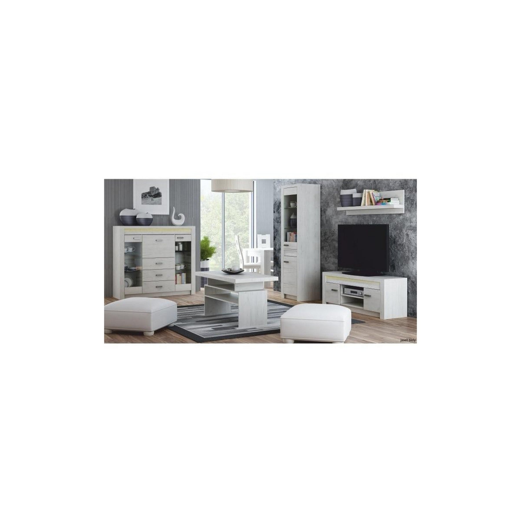 Vitrina INDIANAPOLIS I8, stejar craft alb, PAL laminat, 137x42x122 cm